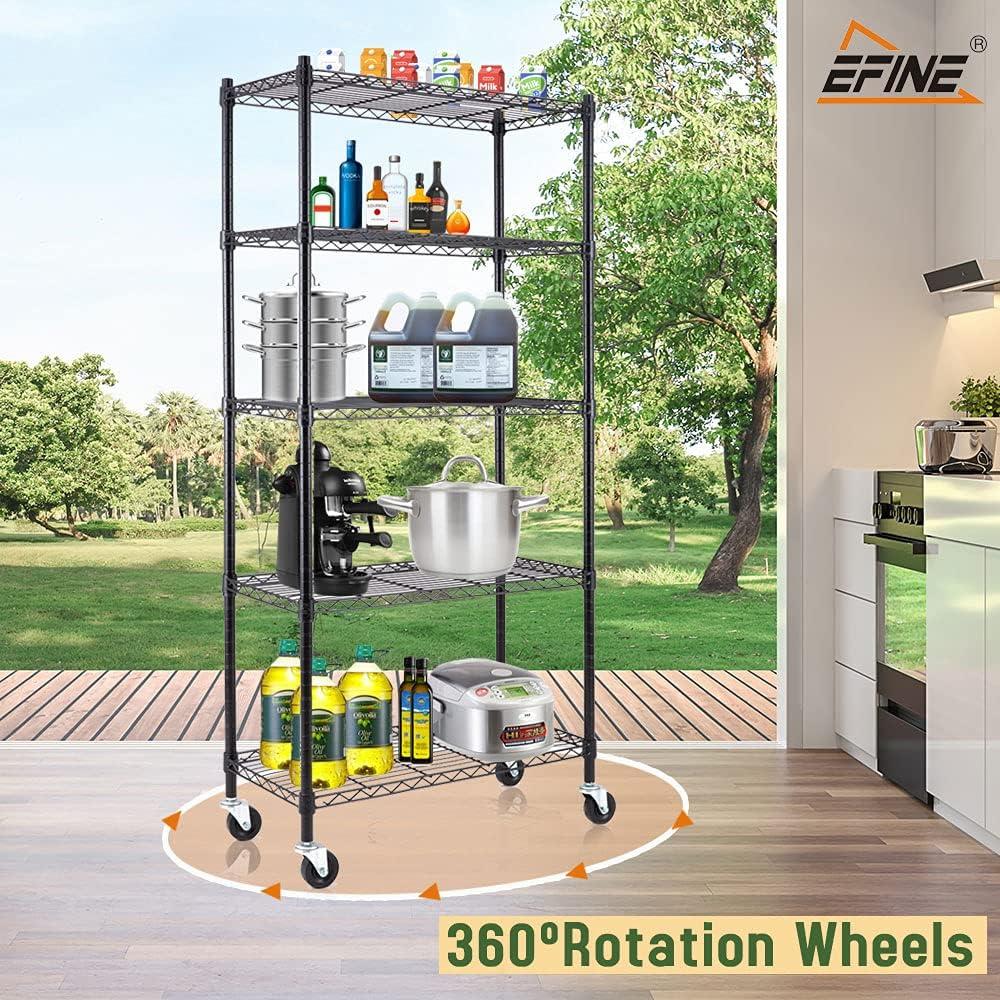 EFINE 5-Shelf Shelving Units and Storage on 3'' Wheels, Adjustable Heavy Duty Carbon Steel Wire Shelving Unit for Garage, Kitchen, Office (30L x 14W x 63.7H)