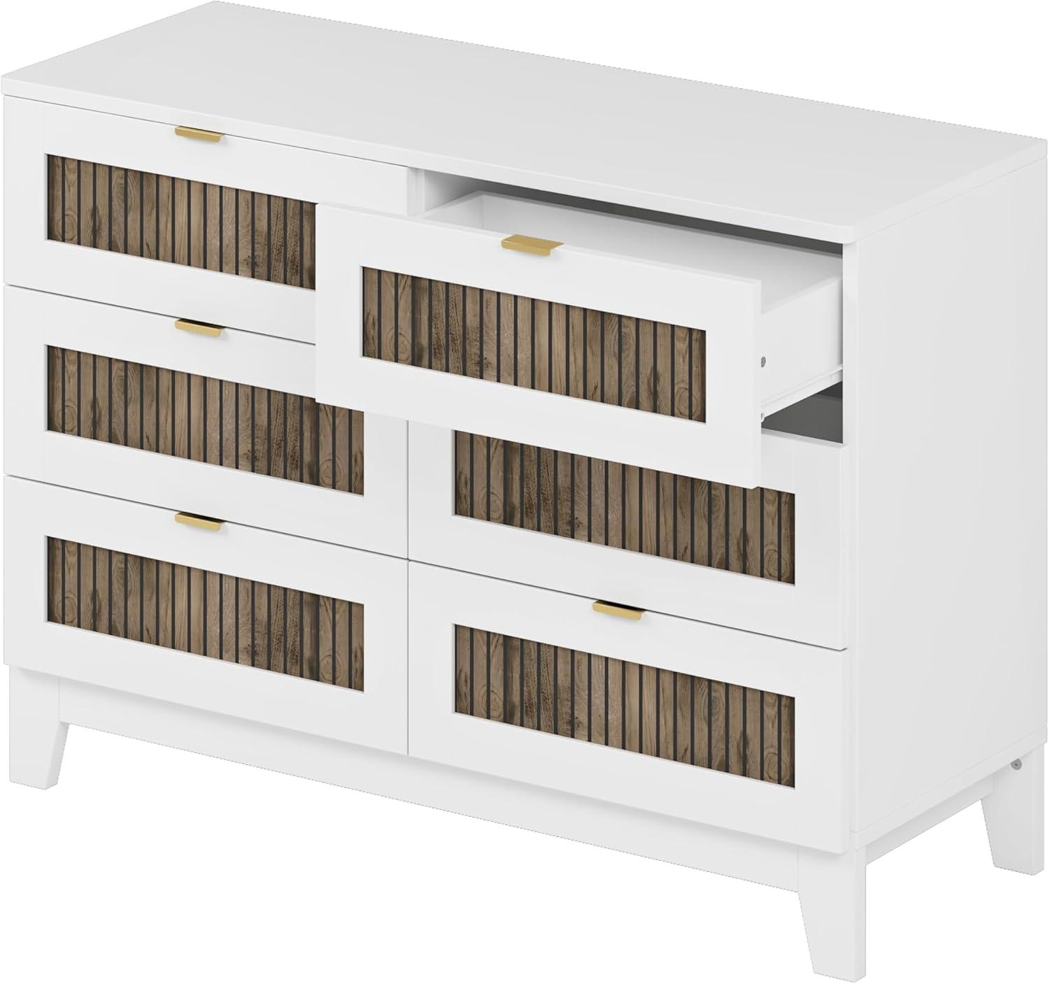 4 Pieces Bedroom Sets Queen Size Farmhouse Platform Bed with Wooden Strip Decoration, 2 Storage Nightstands and A 6-Drawer Dresser with Metal Handle for Kids Teens Adults - White