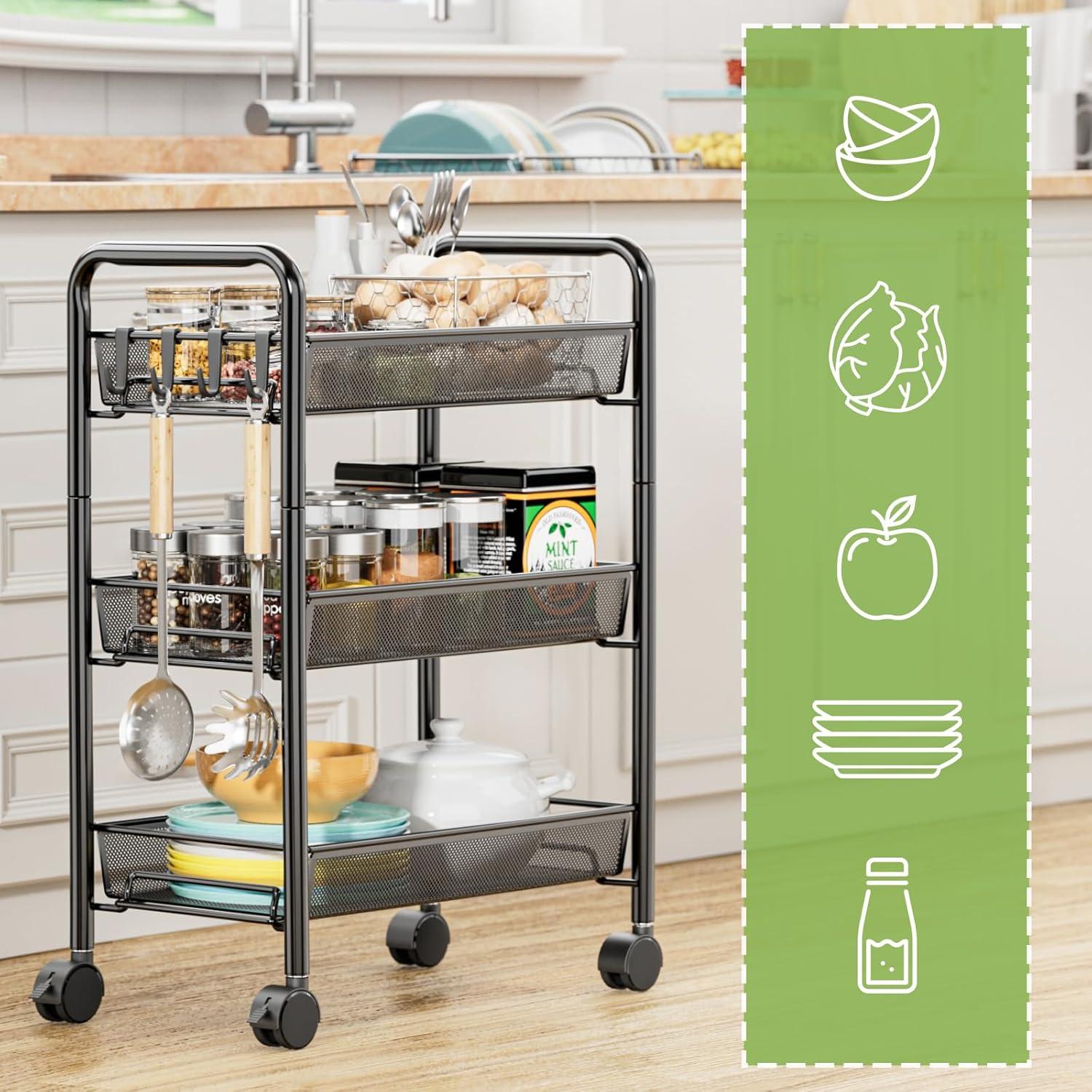 JANE EYRE 5-Tier Rolling Utility Storage Rack Cart on Wheels, Trolley Craft cart, Multi-Purpose Organizer Shelf, Black