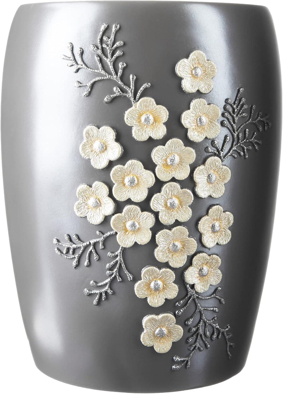 Gray Floral Embellished Plastic Wastebasket for Kids