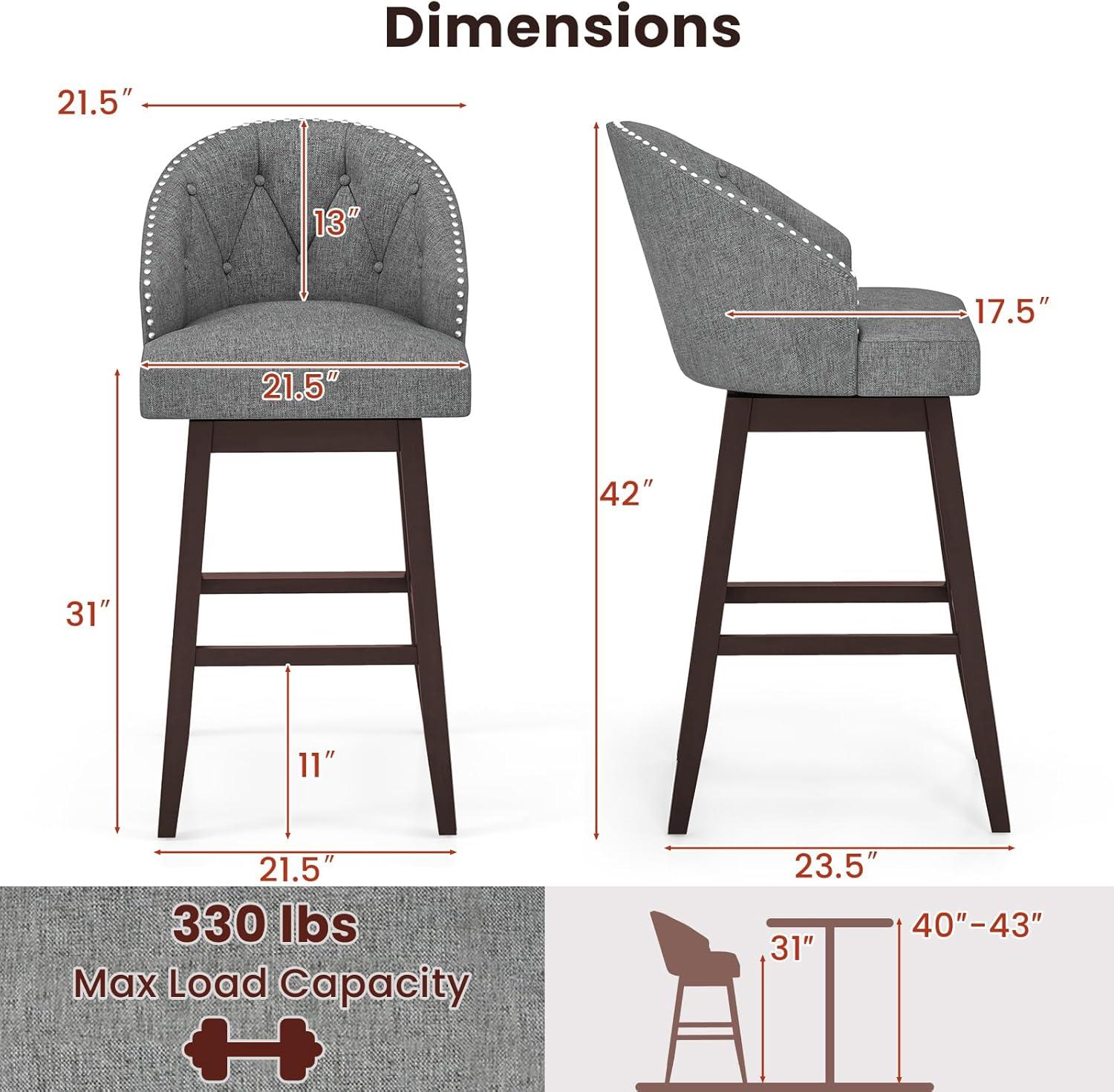 Gray Tufted Swivel Bar Stools with Rubber Wood Legs