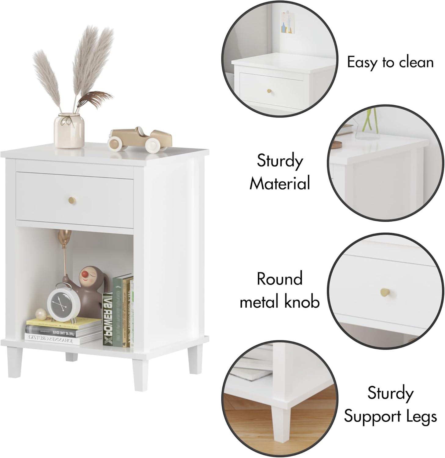 Wooden Nightstand with One Drawer One Shelf,Modern Bedside Tables for Kids,Adults,White