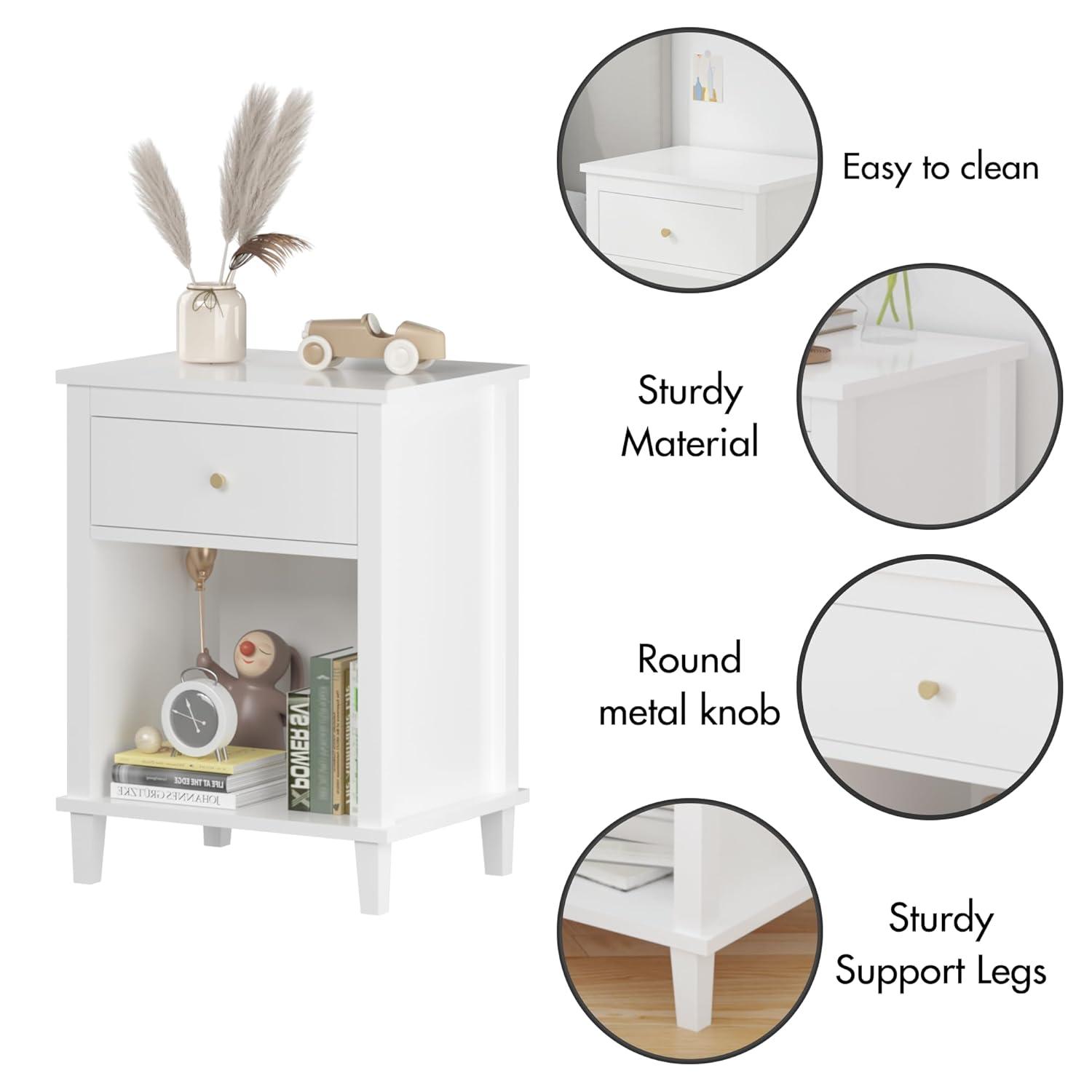 Wooden Nightstand with One Drawer One Shelf,Modern Bedside Tables for Kids,Adults,White