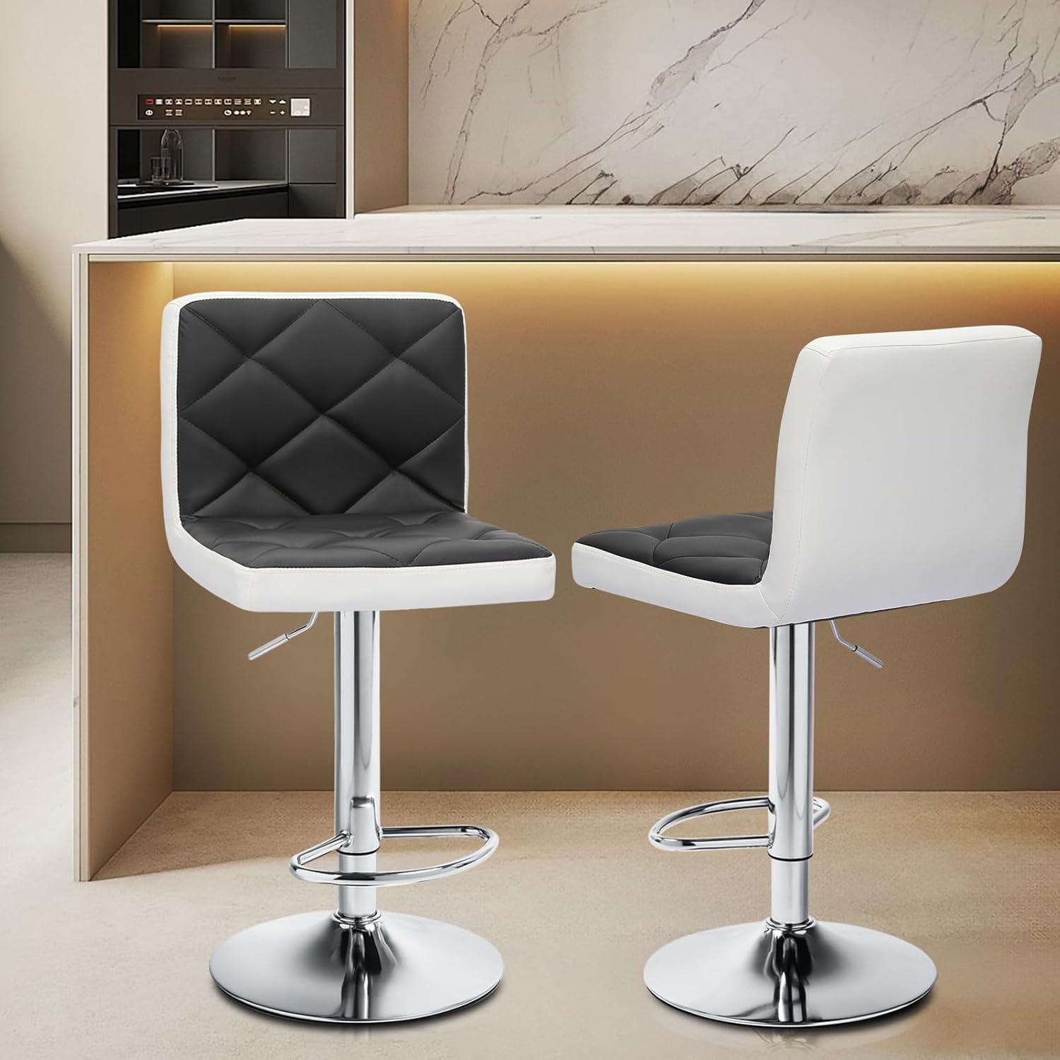 Adjustable Black and White Faux Leather Swivel Bar Stools, Set of 2