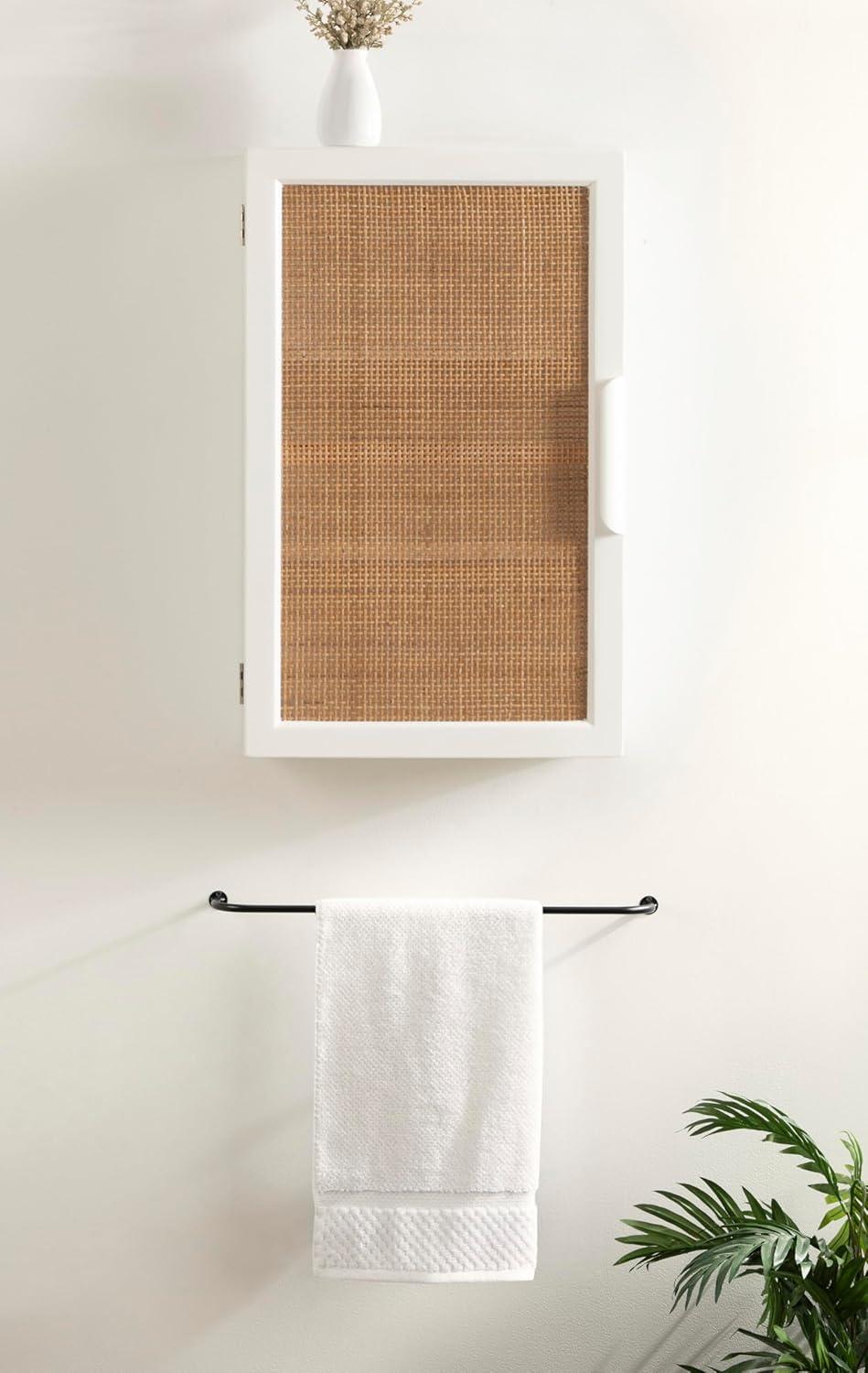 Kate and Laurel Ori Transitional Cane Wall Cabinet with Door, 15 x 7 x 24, Painted White Wood and Natural Rattan, Decorative Rattan Over the Toilet Cabinet with Three Shelves for Decor and Display