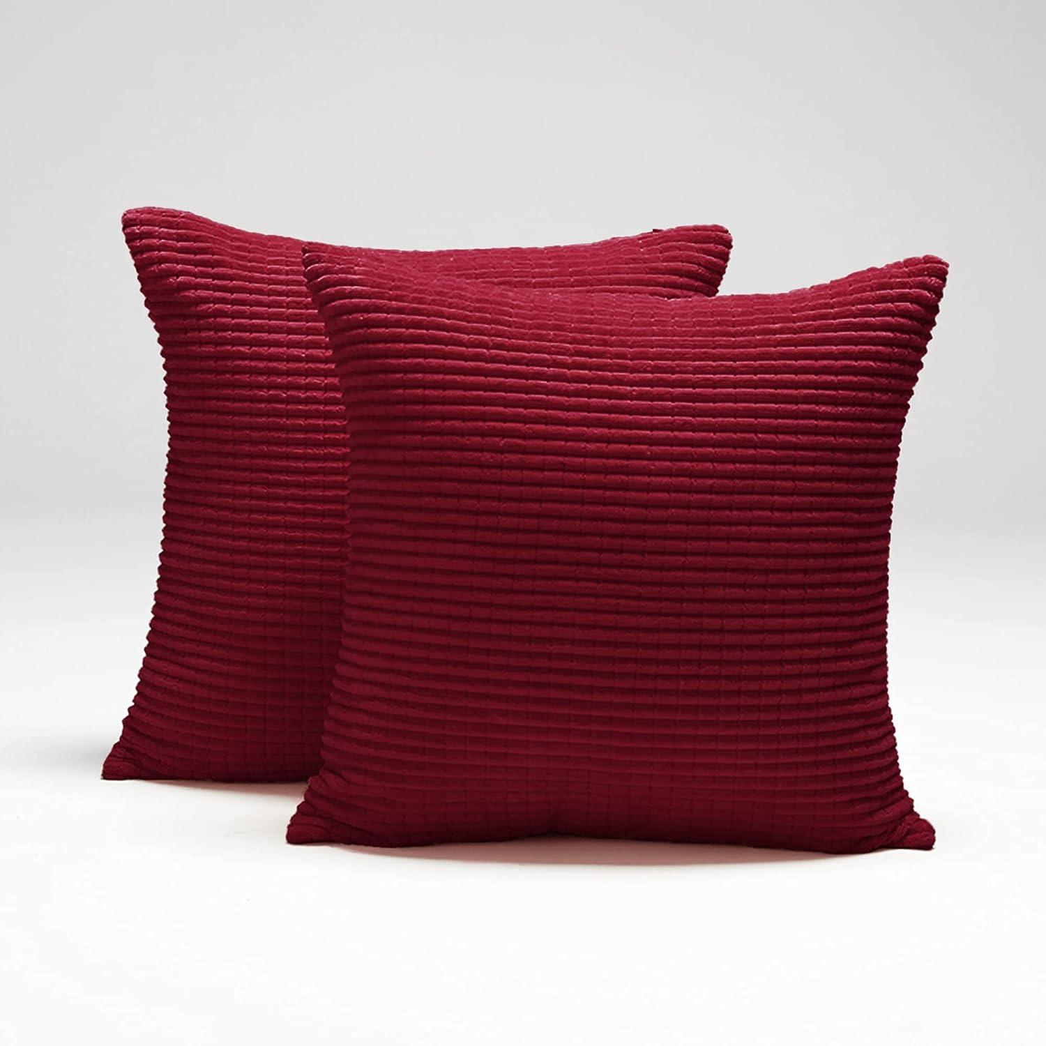 Deconovo Holiday Decorative Throw Pillow Covers with Stripes, 22x22 inch, Solid Color Corduroy Cushion Covers for Bedroom, 22x22 in, Wine Red, Set of 2