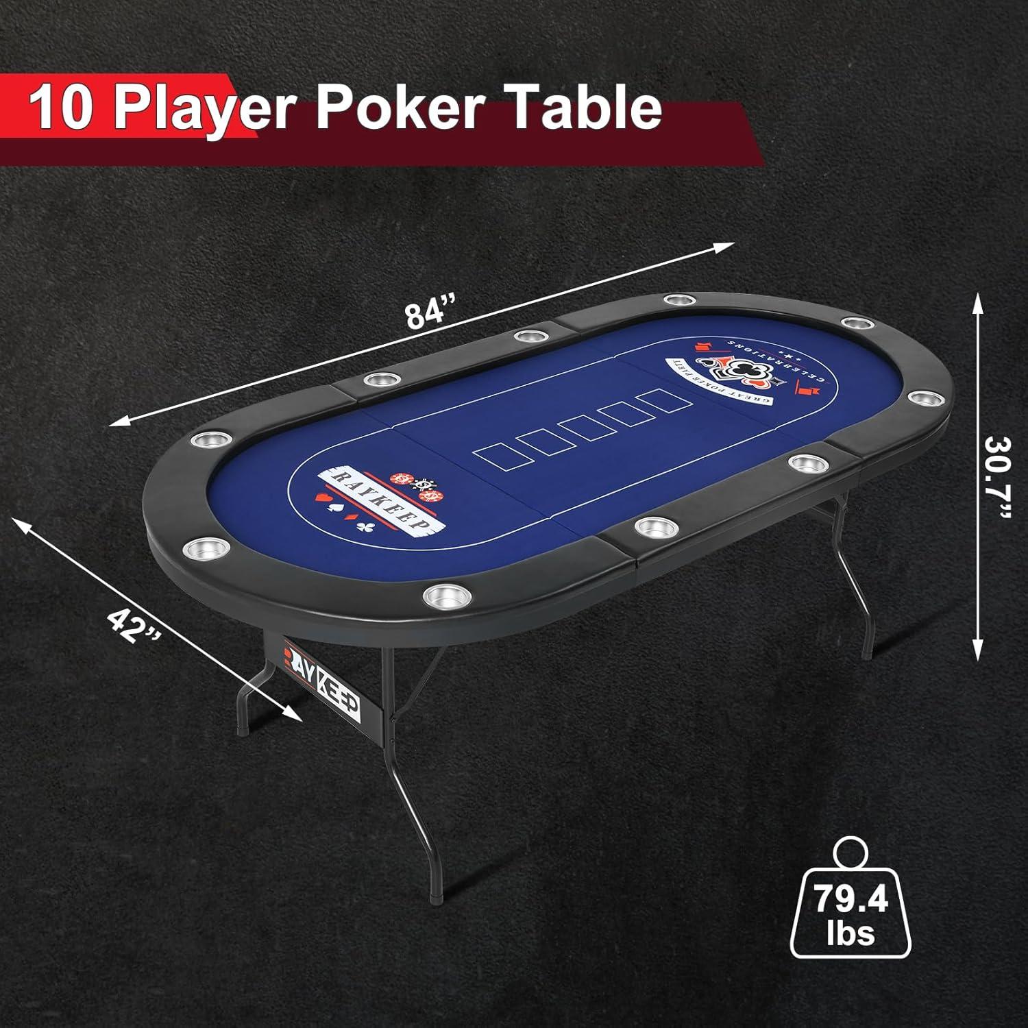 RayChee Poker Table 84'' 10-Player Foldable Poker Table, Portable Casino Leisure Texas Holdem Table with Padded Rails and Cup Holders
