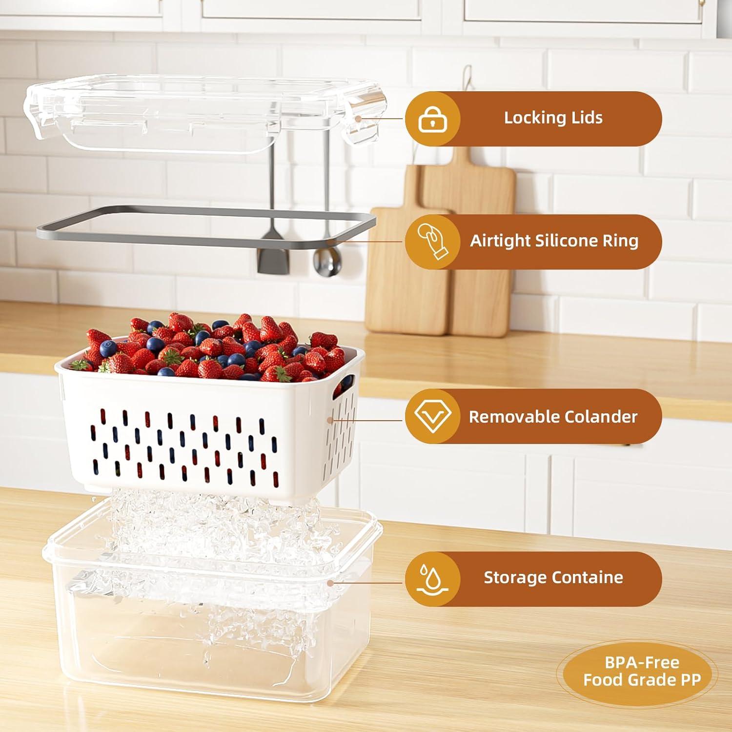 6 PCS Large Fruit Containers for Fridge - Leakproof Food Storage Containers with Removable Colander - Dishwasher & Microwave Safe Produce Containers Keep Fruits, Vegetables, Berry, Meat Fresh longer…