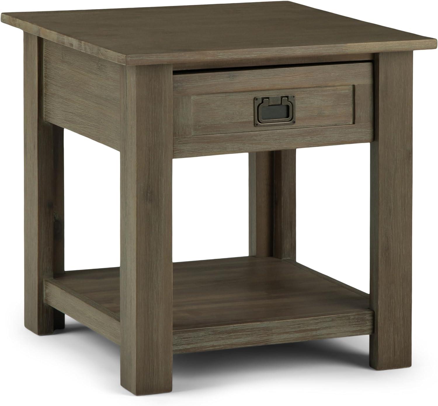 Monroe Solid Acacia Wood Square End Table in Distressed Grey with Storage