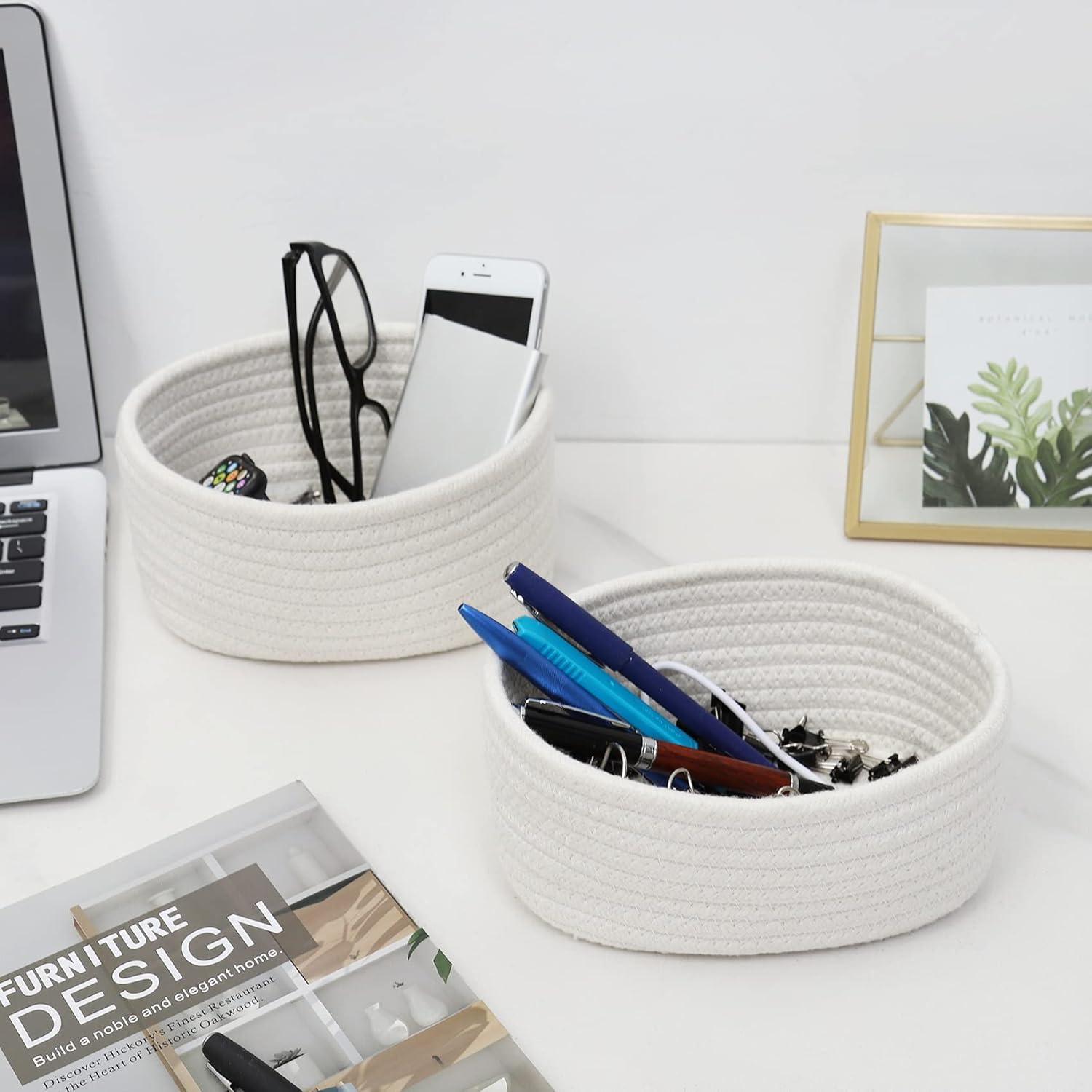 【2 Pack】 ABenkle Small Storage Baskets, Natural Cotton Rope Woven Baskets for Organizing, Tiny Oval Storage Easter Baskets, Toy Baskets, Bathroom Organization Bin, Baskets for Mother's Day Gifts