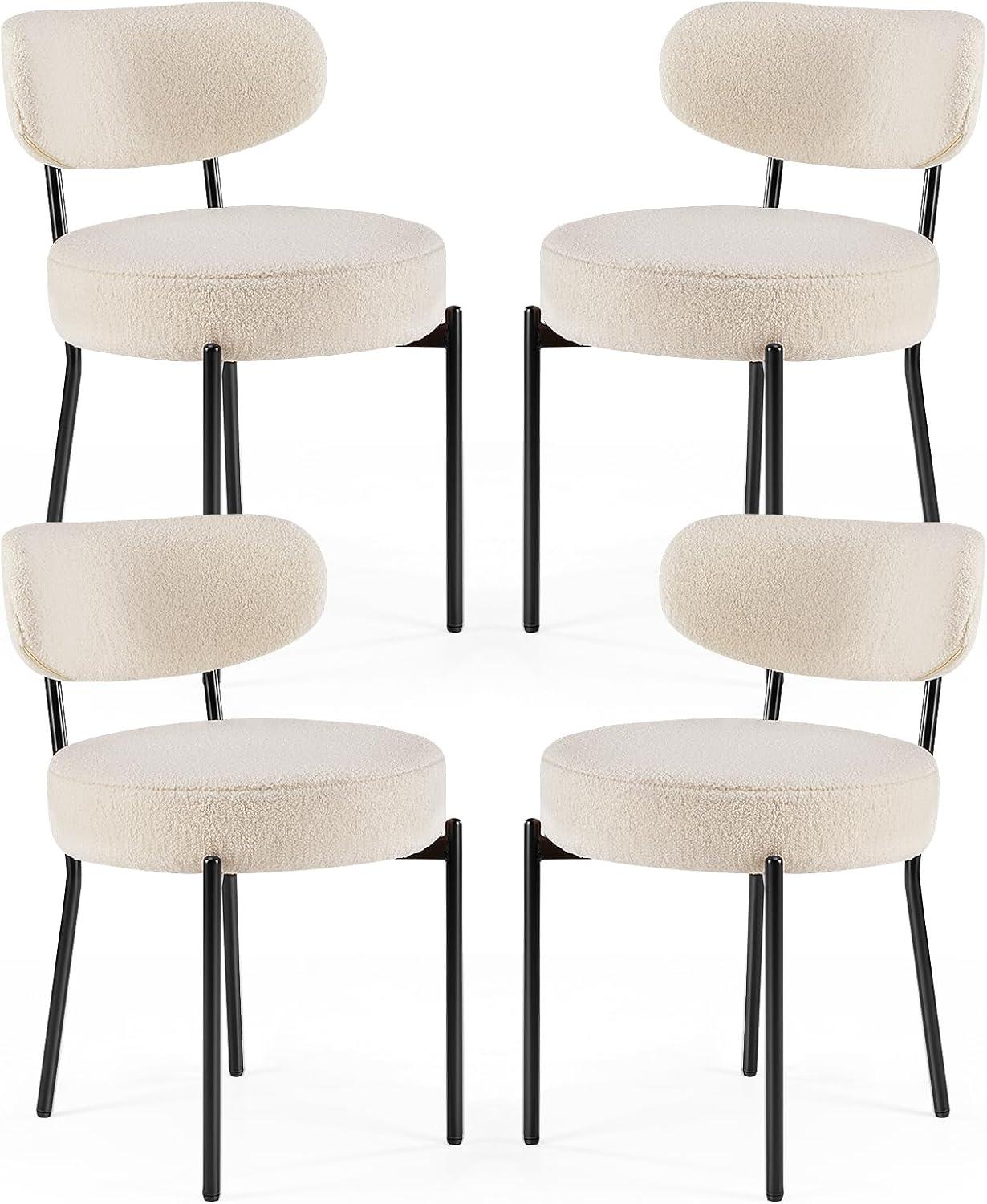 Set of 4 Beige Upholstered Dining Chairs with Black Metal Legs