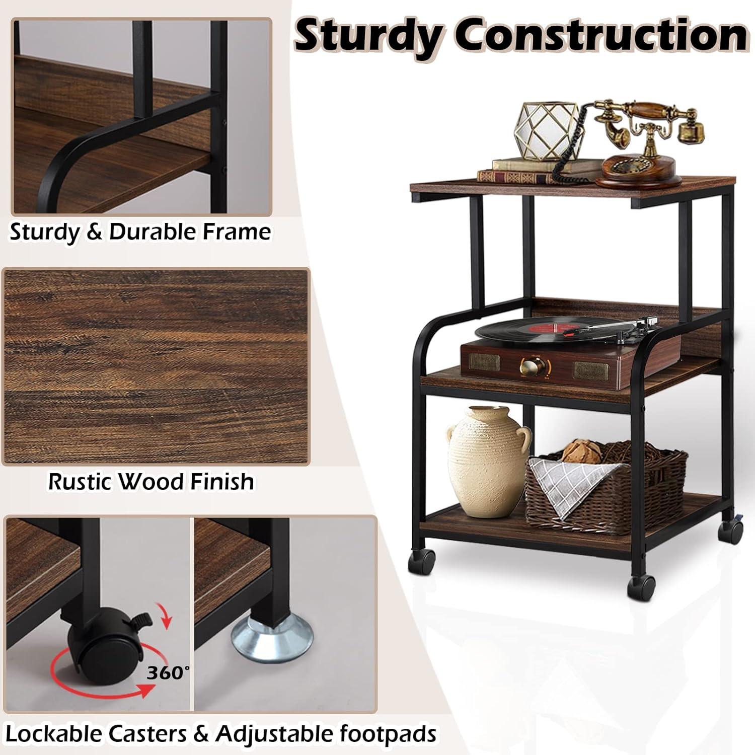 3-Tier Mobile Printer Stand on Wheels with Storage Shelves Industrial Style Machine Cart Organizer Table for Office and Home Rustic Brown Wood and Black Metal Finished