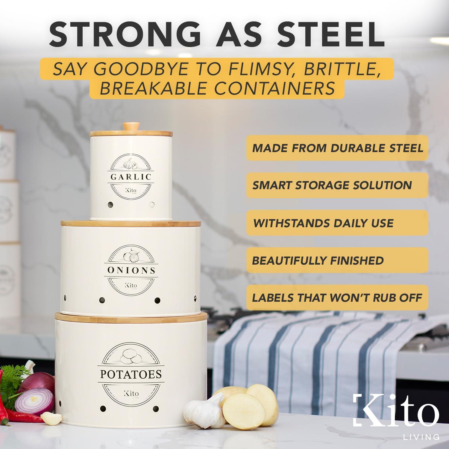 Canisters Sets for Kitchen Counter Storage and Organization with Wooden Bamboo Lids, Food Pantry Containers, Stackable Steel Storage Bins, Potato Storage Onion Keeper Garlic - Cream