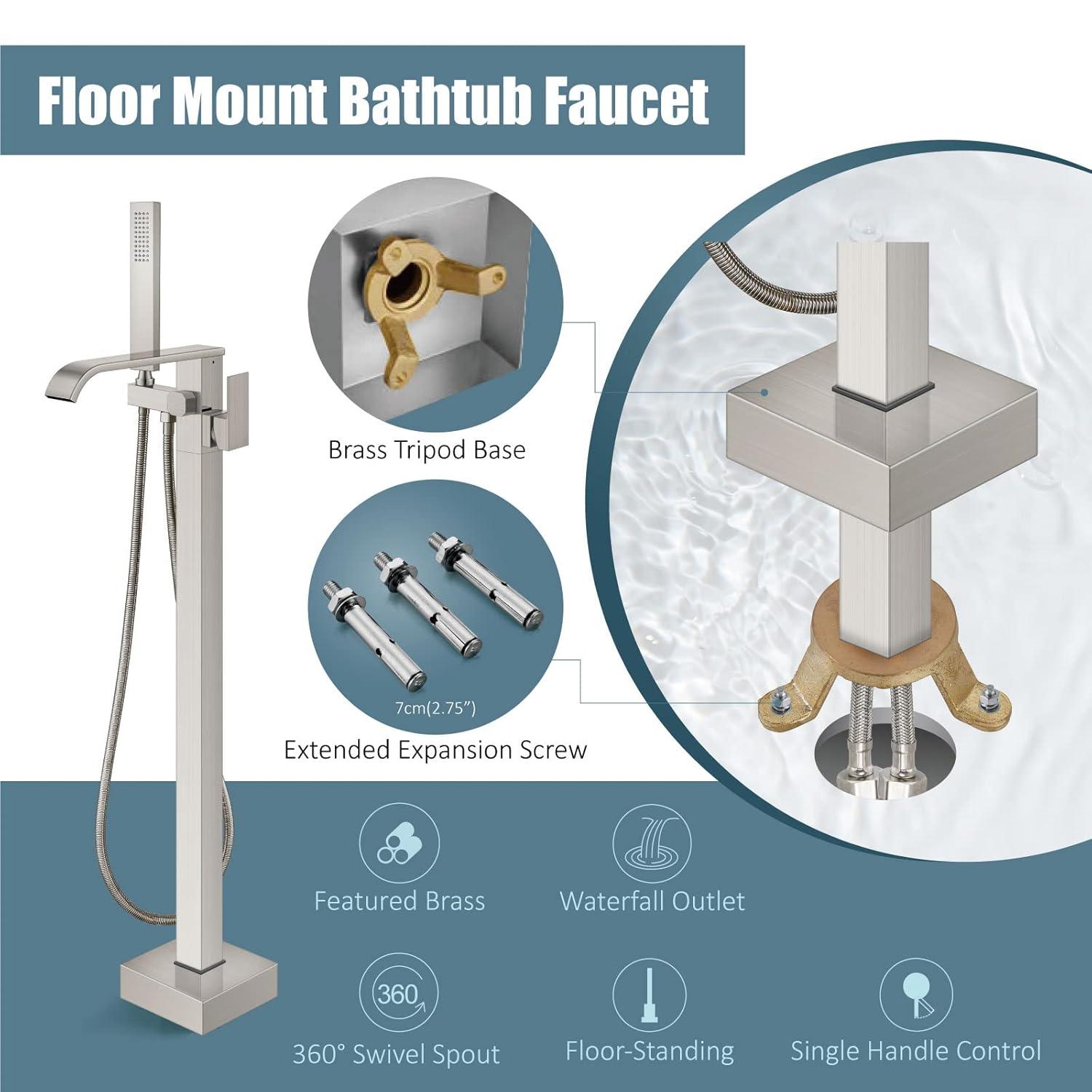 AlenArtWater Waterfall Tub Filler Freestanding Bathtub Faucet Floor Mount Brass Single Handle Bathroom Faucets with Hand Shower 93-LJQKCZ