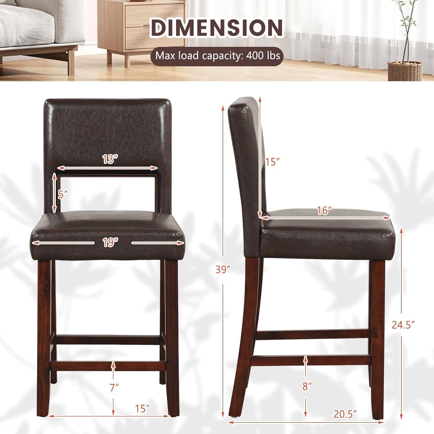 Canddidliike 2 Piece Bar Chair Set with Hollowed Back and Rubber Wood Legs-Brown, Bar Height Stools, Barstools for Kitchen, Dining Room