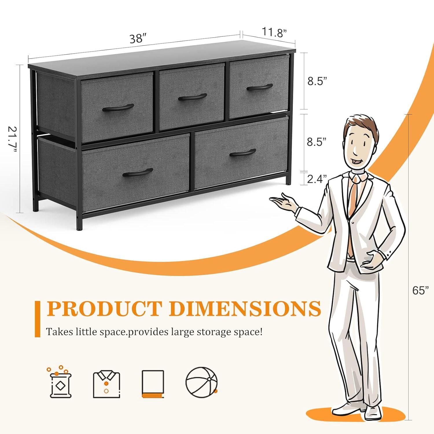 CONCETTA Dresser for Bedroom, 5 Fabric Drawers Dresser, Clothes Cabinet Storage Organizers and Wood Top Surface Table for TV, Chest of Drawers for Living Room, Hallway, Gray