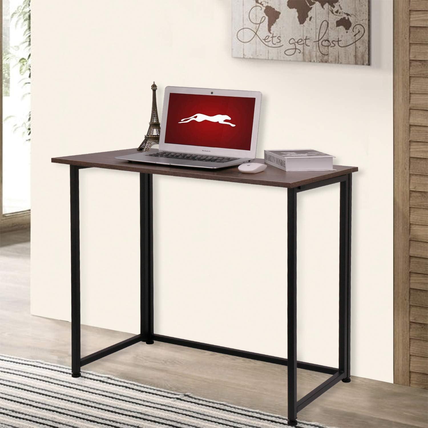 Dark Brown and Black Foldable Wood Computer Desk