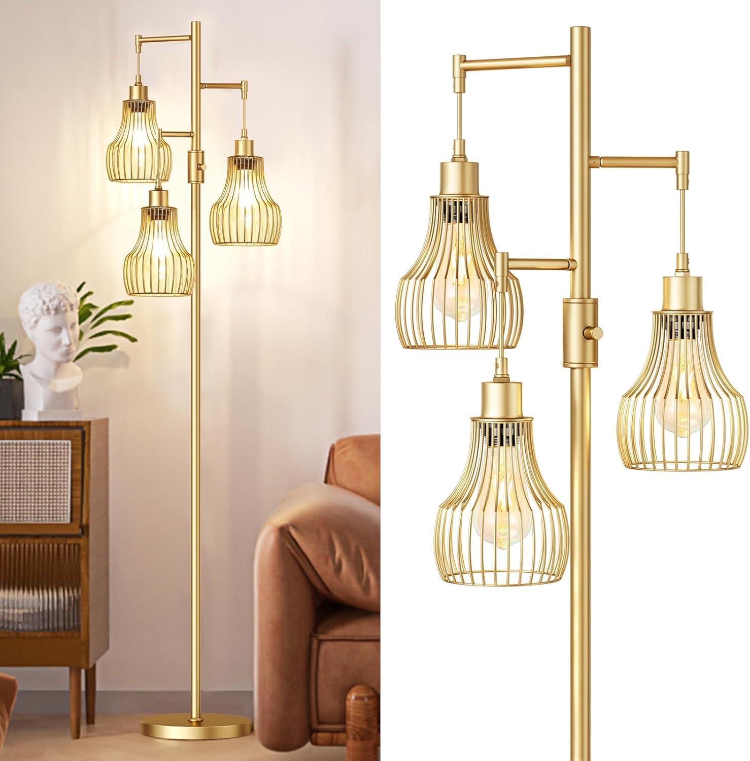 Dimmable Gold Floor Lamps for Living Room, Industrial Tree Standing Tall Lamps with 3 Elegant Cage Shade & 800 Lumens LED Bulbs for Bedroom Office