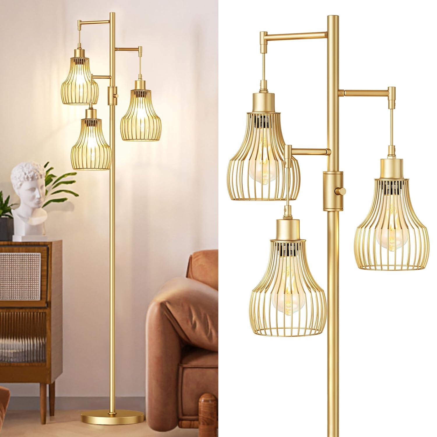 Dimmable Gold Floor Lamps for Living Room, Industrial Tree Standing Tall Lamps with 3 Elegant Cage Shade & 800 Lumens LED Bulbs for Bedroom Office