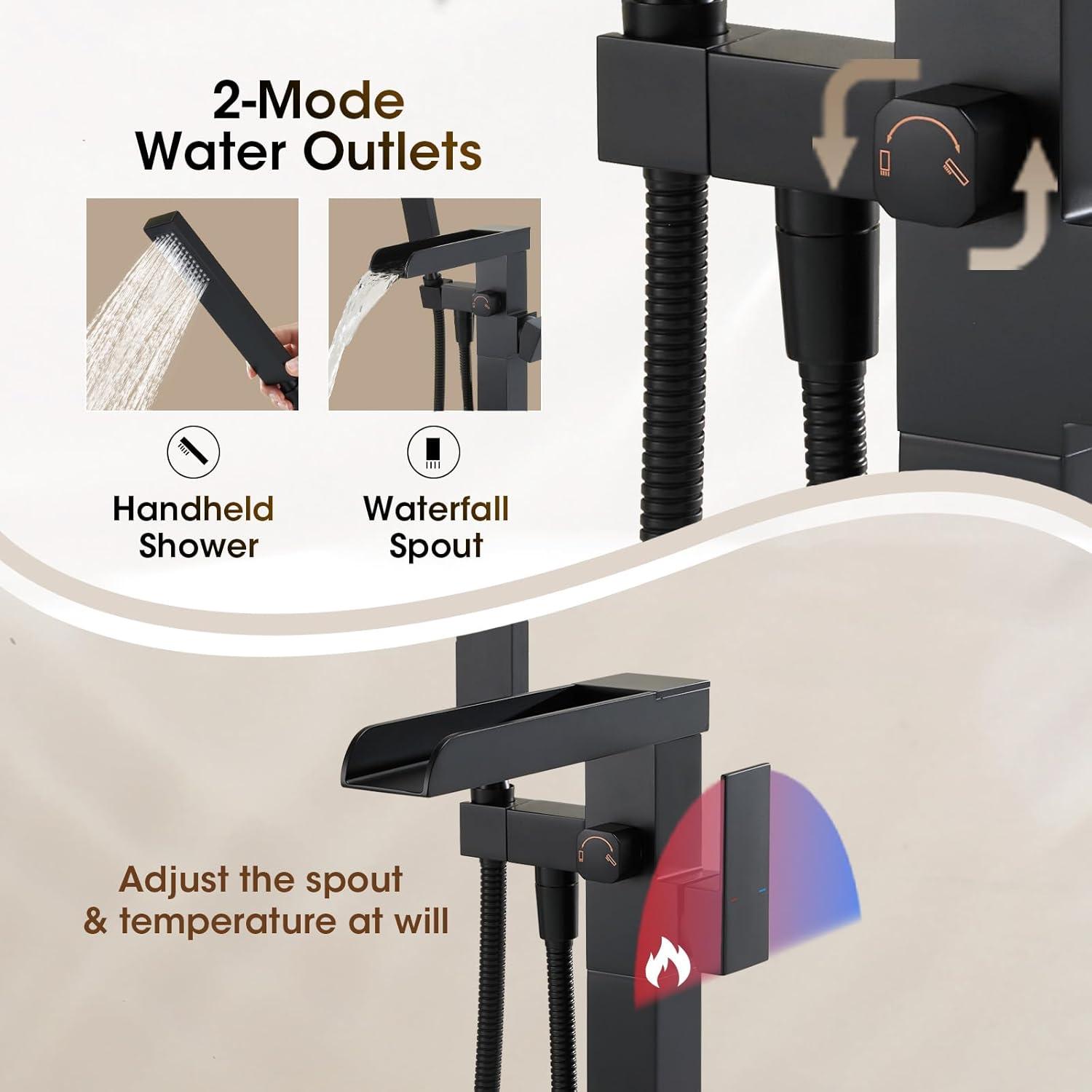 AlenArtWater Waterfall Tub Filler Freestanding Bathtub Faucet Floor Mount Brass Single Handle Bathroom Faucets with Hand Shower 94-LJQKCZ