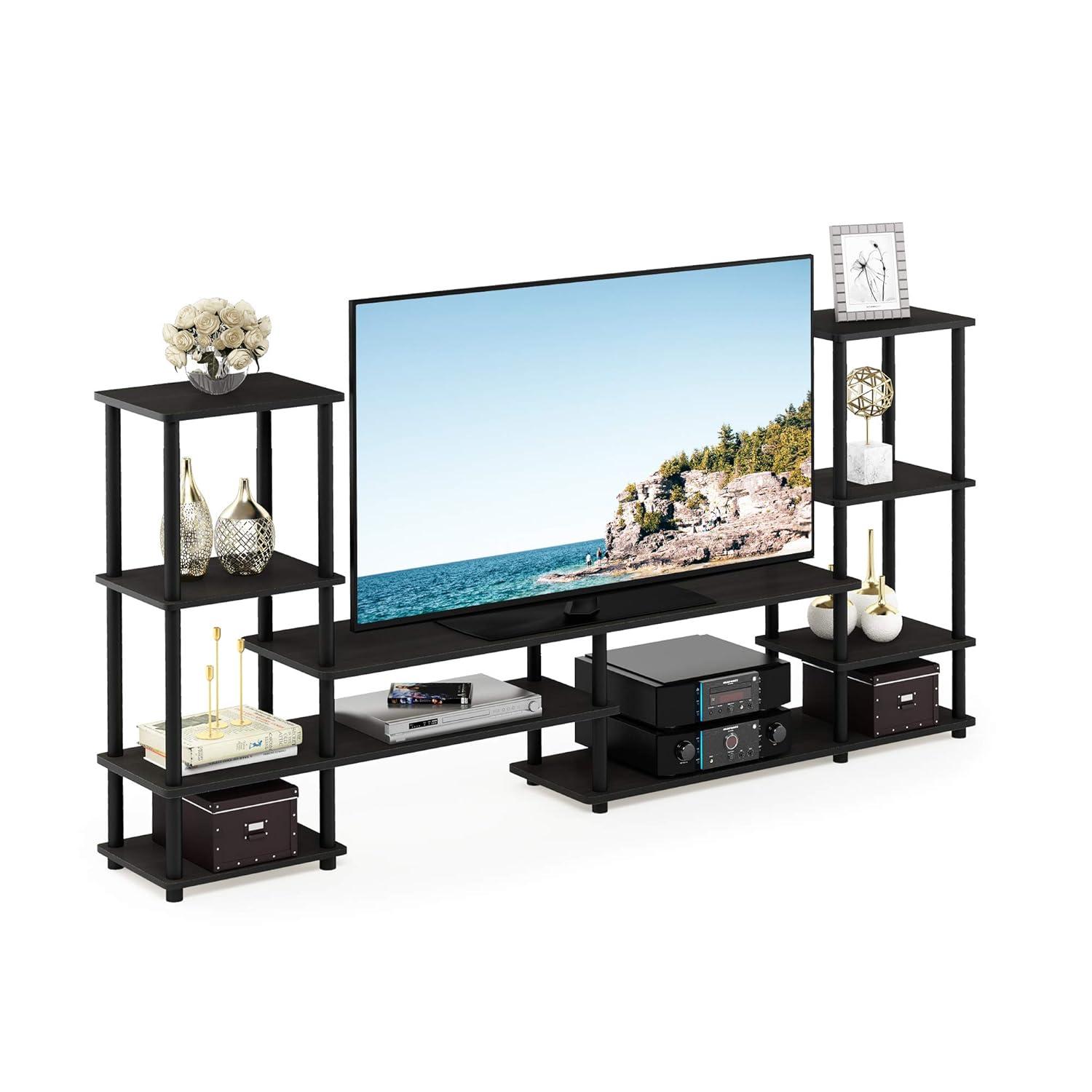 Furinno Multifunctional TV Stand for TV's up To 48" TV Console Entertainment Center Open Bookcase Shelves, Espresso/Black