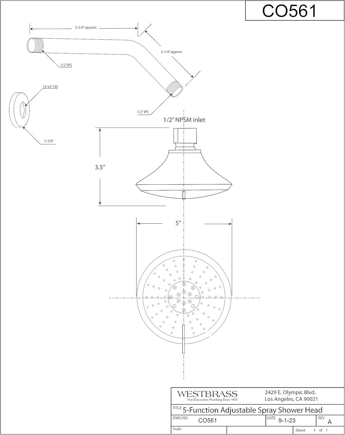 Westbrass CO561-07 5" Round Thin 5-Function Adjustable Spray Shower Head with 8" Wall Mount Arm, Satin Nickel