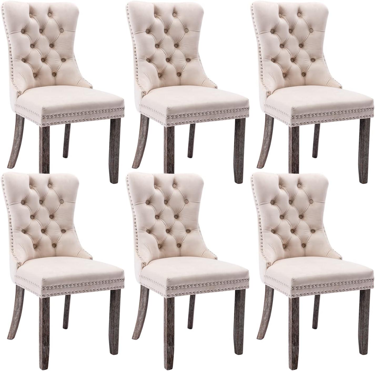 Tzicr Tufted Dining Chairs Set of 6, Upholstered Dining Chairs with Nailhead Back, Nailhead Trim, Velvet Dining Chairs for Kitchen/Bedroom/Dining Room(Beige)