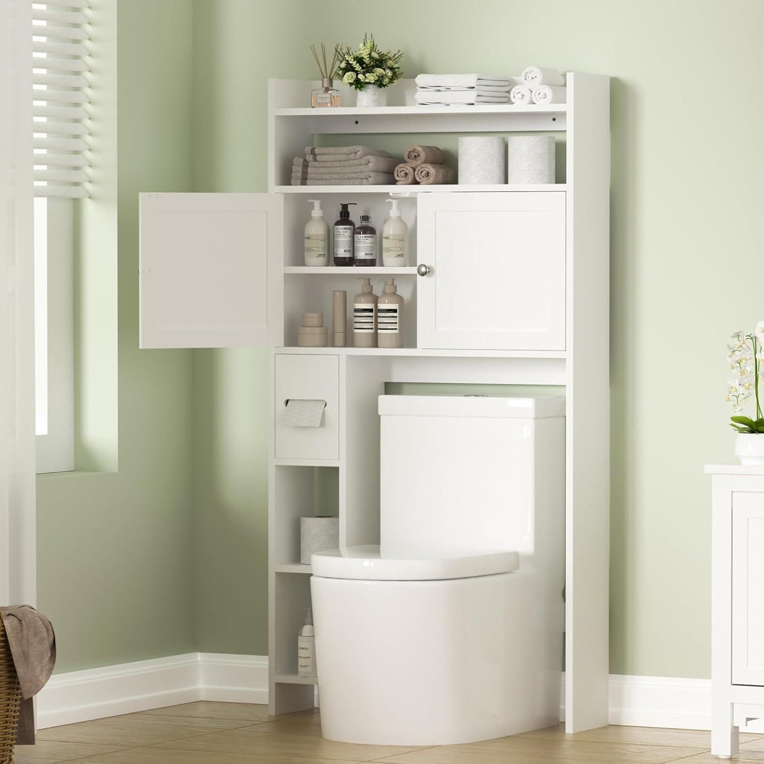 White Adjustable Over-the-Toilet Storage Cabinet with Glass Doors