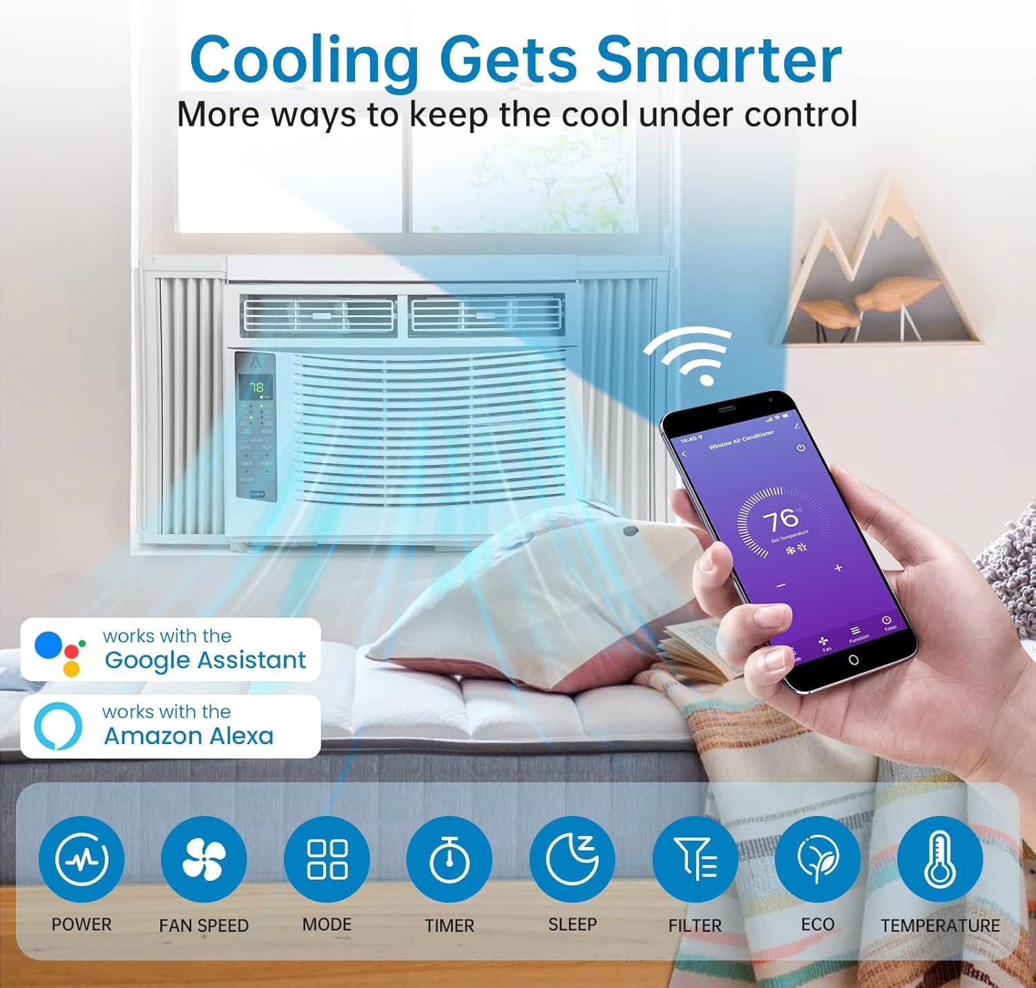 Homhougo 6,000 BTU Window Air Conditioner, 3-in-1 AC Unit (Cooling, Dehumidifying, Fan), Timer, Sleep/ECO Mode, Easy Installation Kit, Cools Rooms Up to 350 Sq.Ft, 115V/60Hz