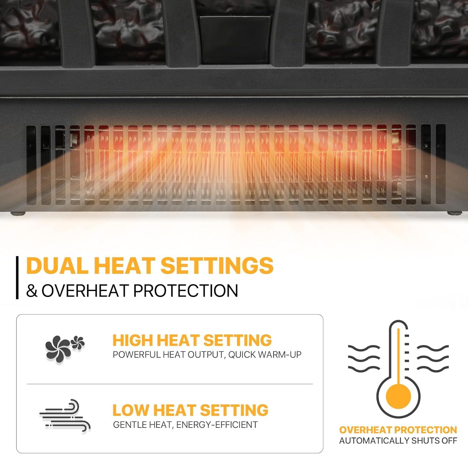 20" Electric Fireplace Log Set Heater with Realistic Ember Bed, Remote, Adjustable Flame Brightness