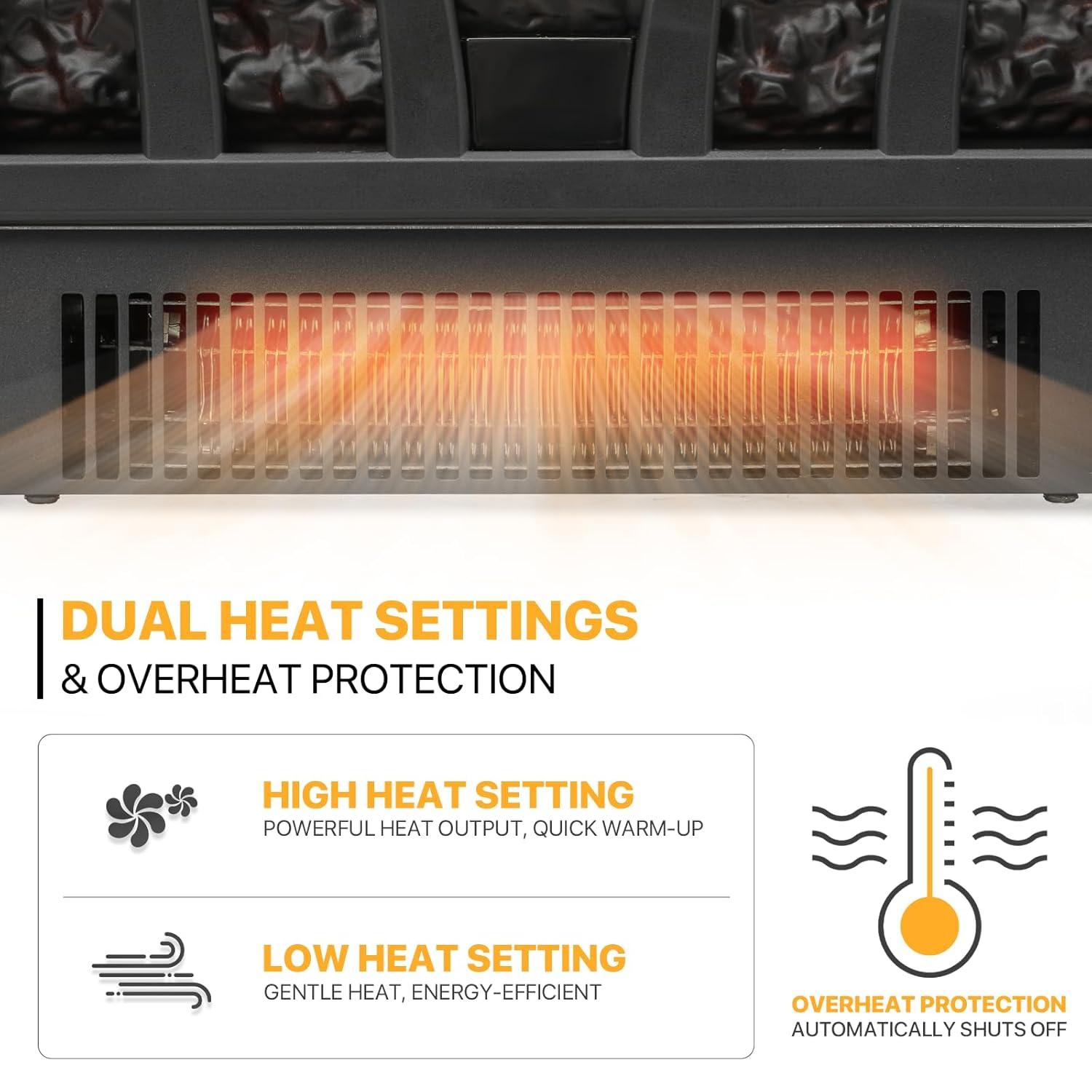 20" Electric Fireplace Log Set Heater with Realistic Ember Bed, Remote, Adjustable Flame Brightness