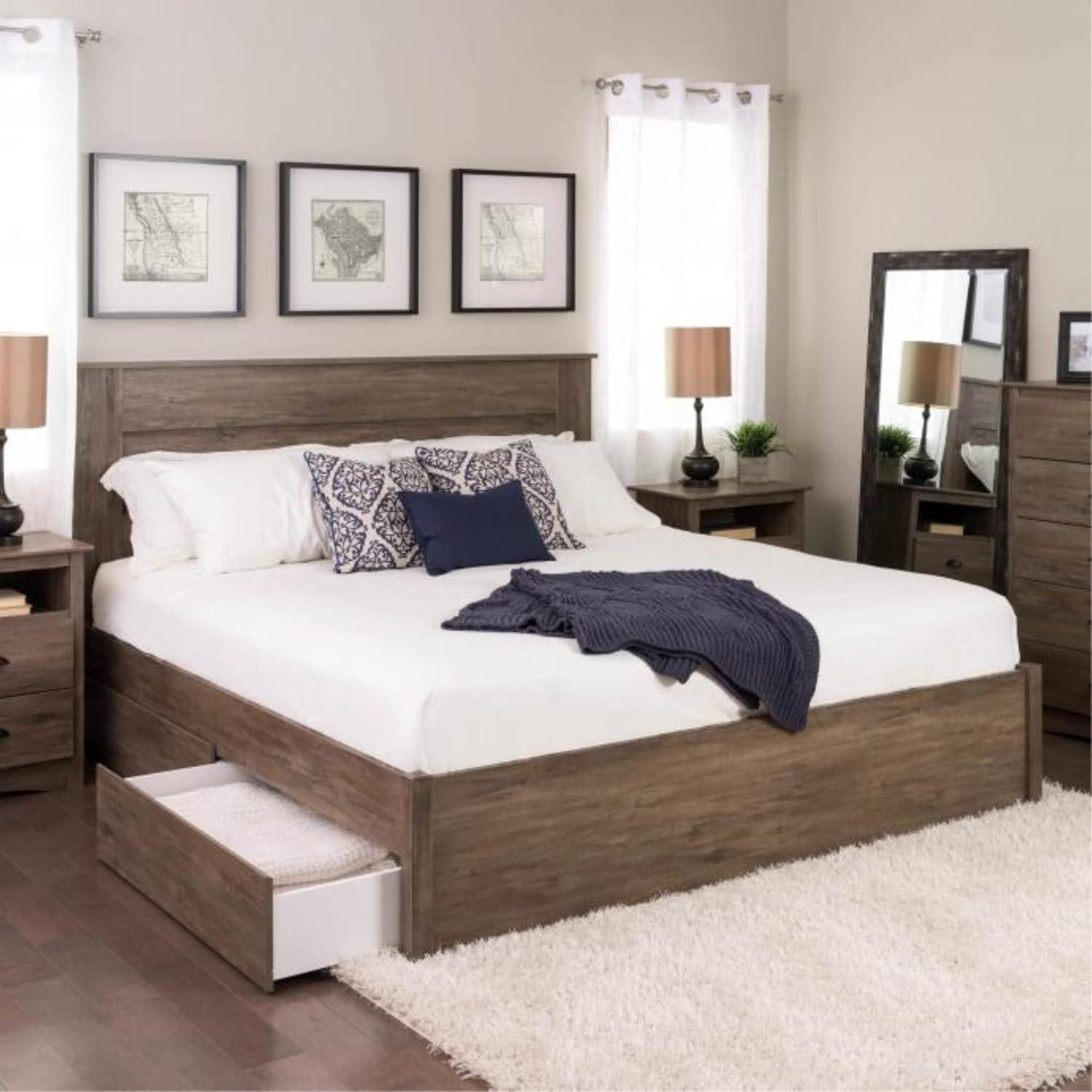 Drifted Gray King-Sized 4-Post Storage Bed with Dual Drawers