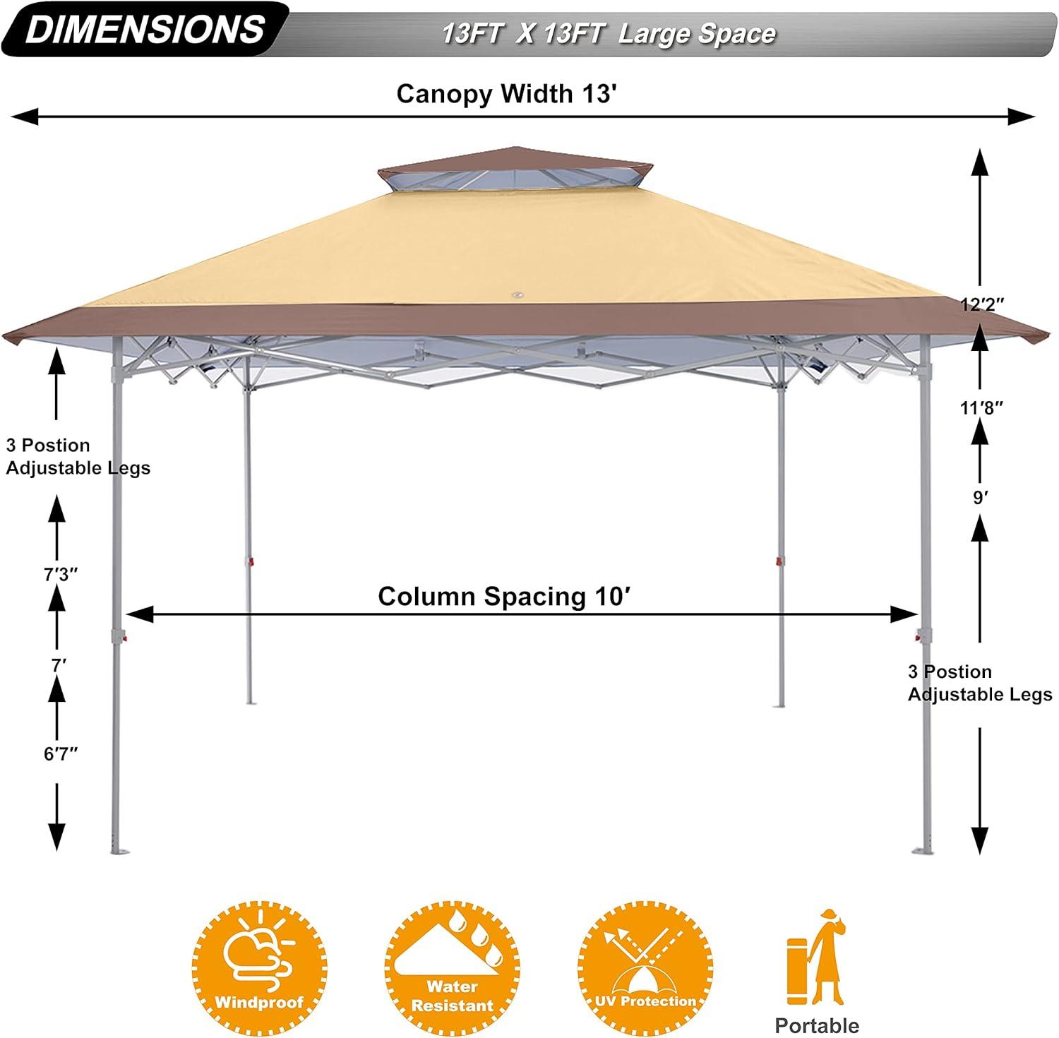 Khaki 13x13 Pop-Up Canopy Tent with Extra Shade