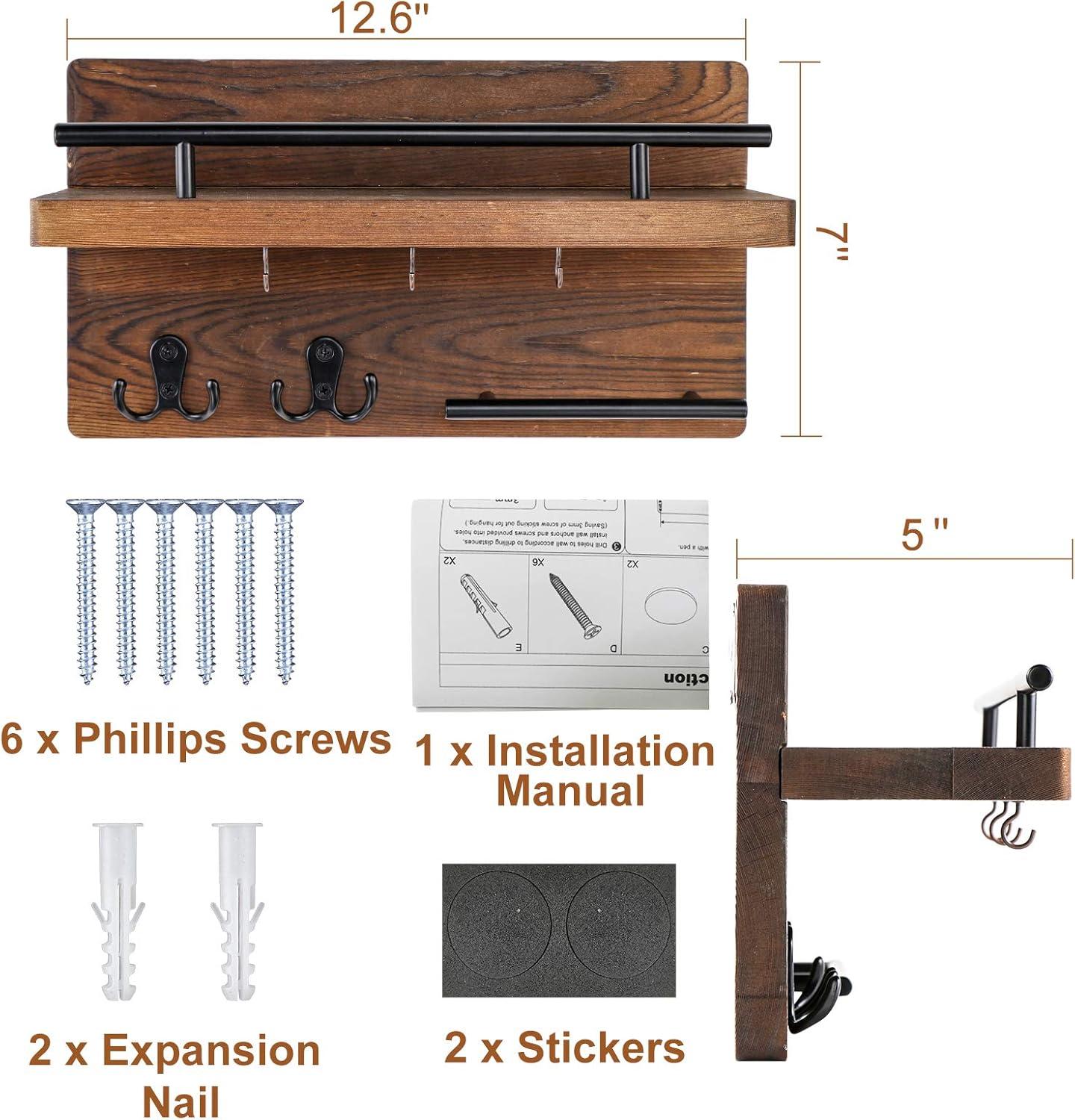 MAXAYA Mail Key Holder For Wall Decorative, Wooden Mail Organizer Wall Mount With 5 Key Hooks, Wood Key Hangers For Wall With Mail Key Rack, Rustic Mail Sorter For Entryway Office Hallway Home Decor