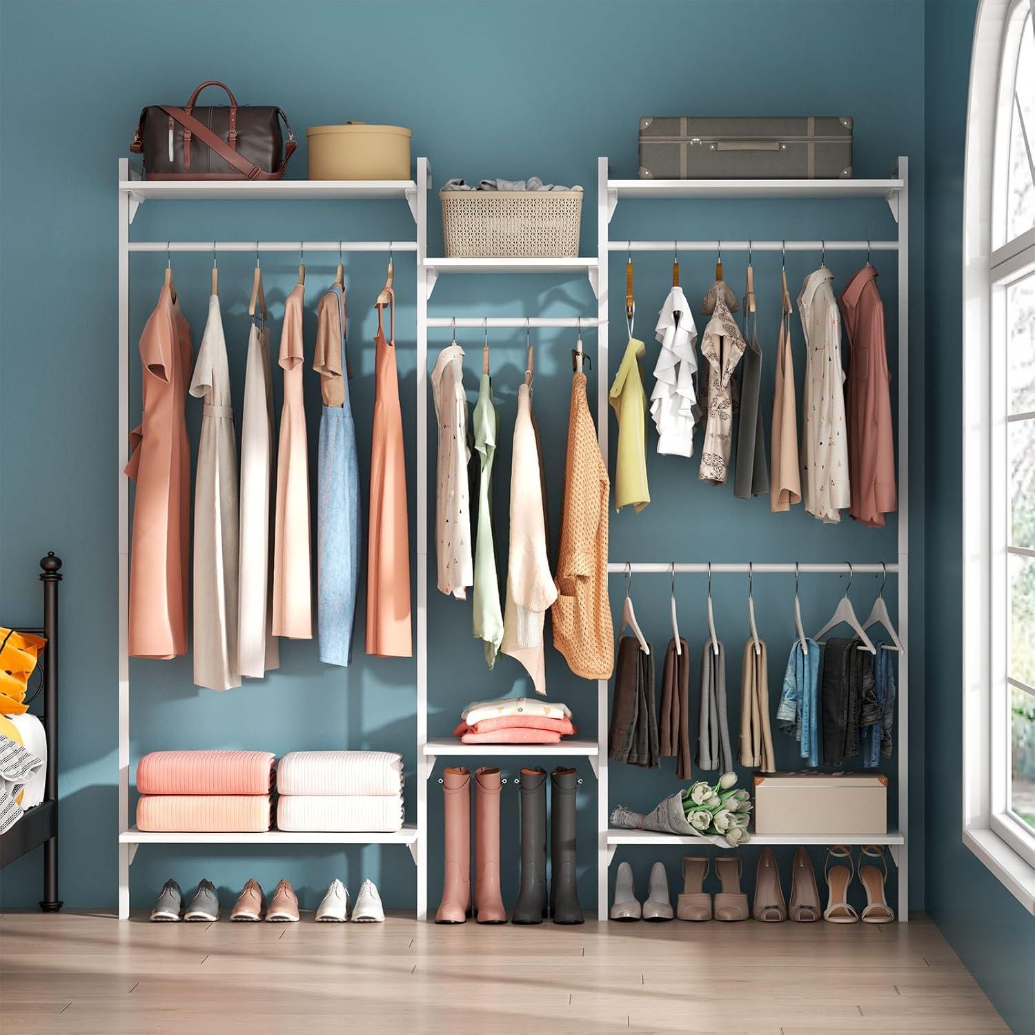 Rebrilliant Oloran Gold Wall Mount Clothes Rack with 4 Hanging Rods, Clothing Rack with 6-Tier Adjustable Shelves