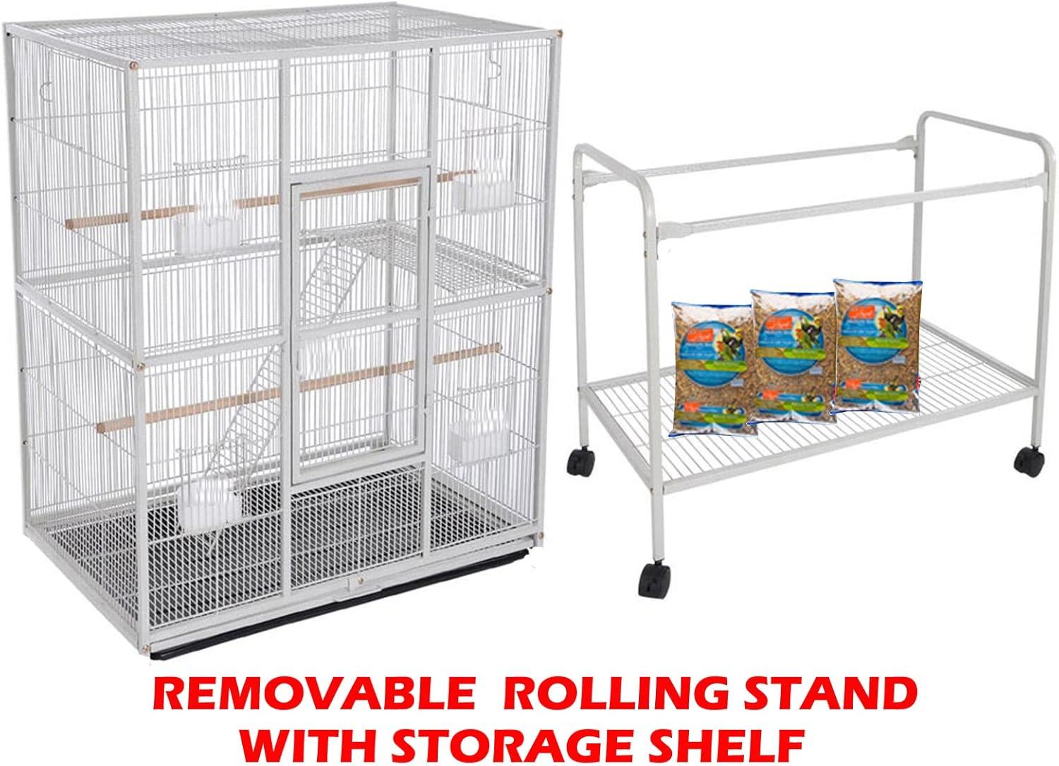 64" White Wrought Iron Bird Flight Cage with Rolling Stand
