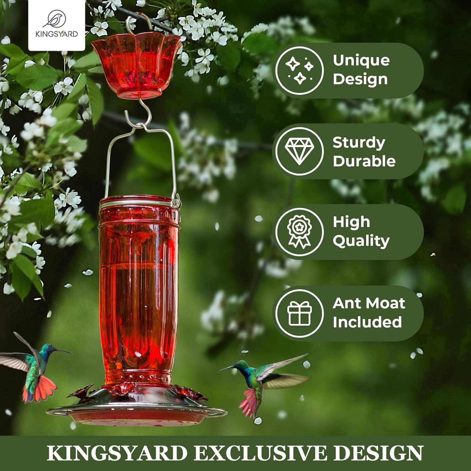Kingsyard Glass Hummingbird Feeder with 6 Feeding Ports and Ant Moat, 16 oz, Leak Proof, Red