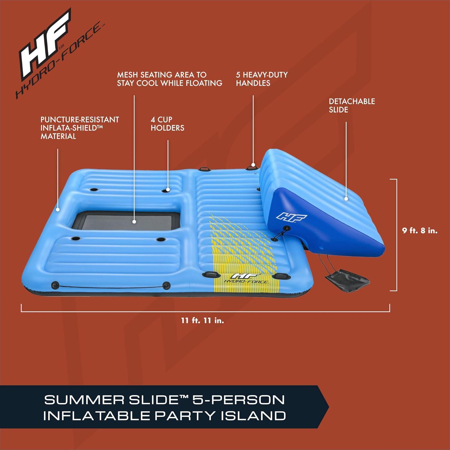 Bestway Hydro Force Detachable Summer Slide 5 Person Inflatable Activity Island with Cup Holders and Heavy Duty Handles for Easy Transport, Blue
