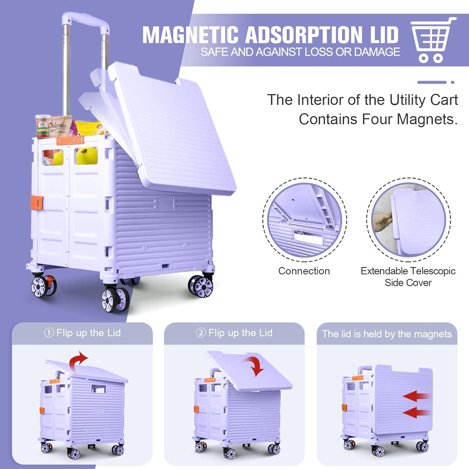 Folding Utility Cart Portable Rolling Crate Handcart with Magnetic Sliding Lid Telescoping Handle Heavy Duty Plastic Box Dolly 360Swivel Wheels for Travel Shopping Move Office Use(Purple Pro)