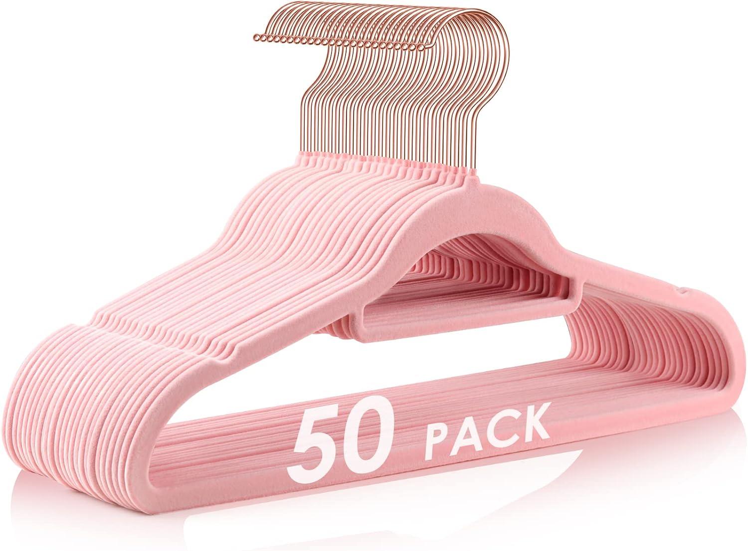 Hangers (50 Pack) Heavy Duty - Non Slip Felt Hangers - Blush Pink - Rose Gold 360 Degree Swivel Hooks,Space Saving Clothes Hangers,Durable Strong Hangers for Suits,Coats,Dress