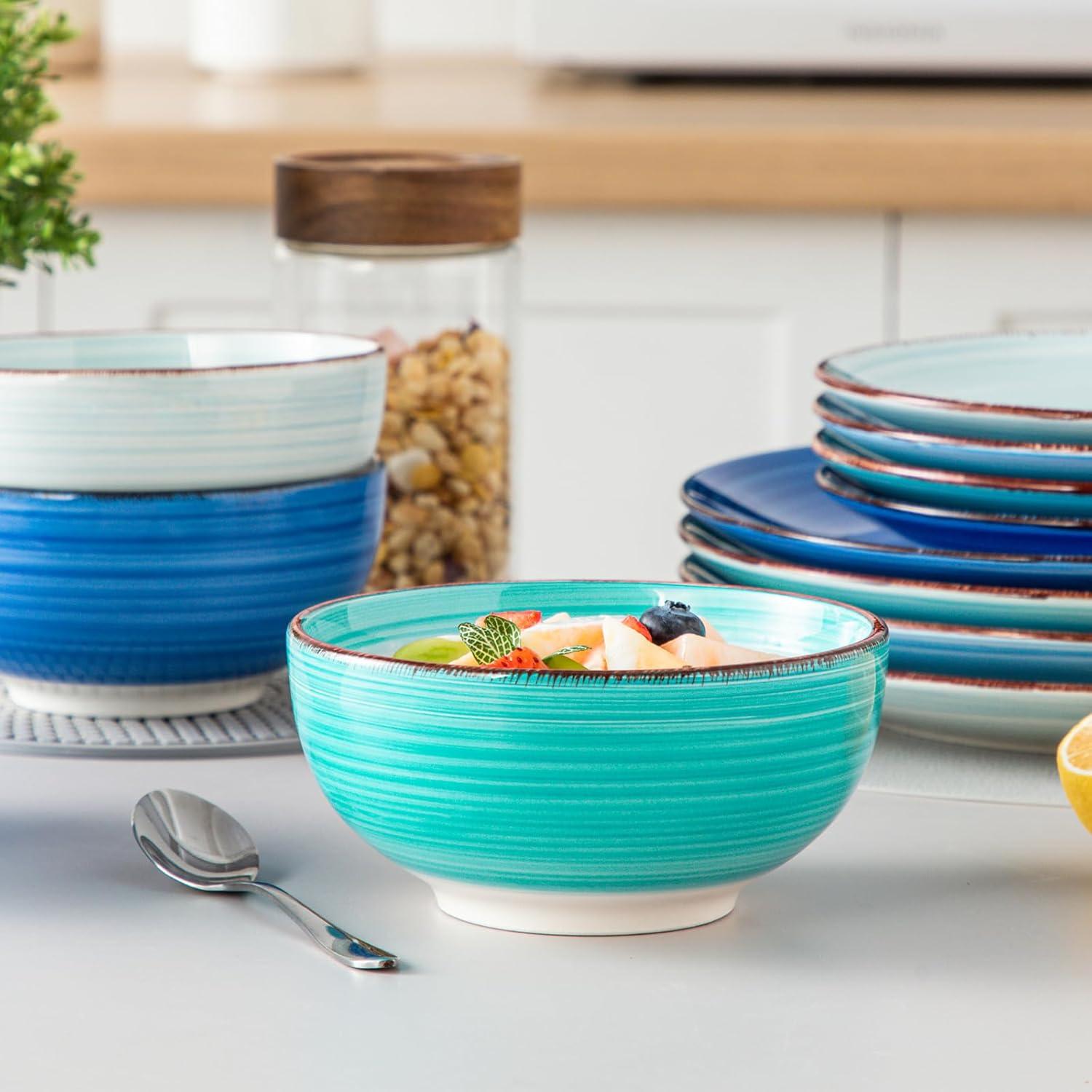 Bonita Blue Dinnerware Sets, Plates and Bowls Set for 4, 12 Pieces Stoneware Dinnerware Set, Dishwasher and Microwave Safe