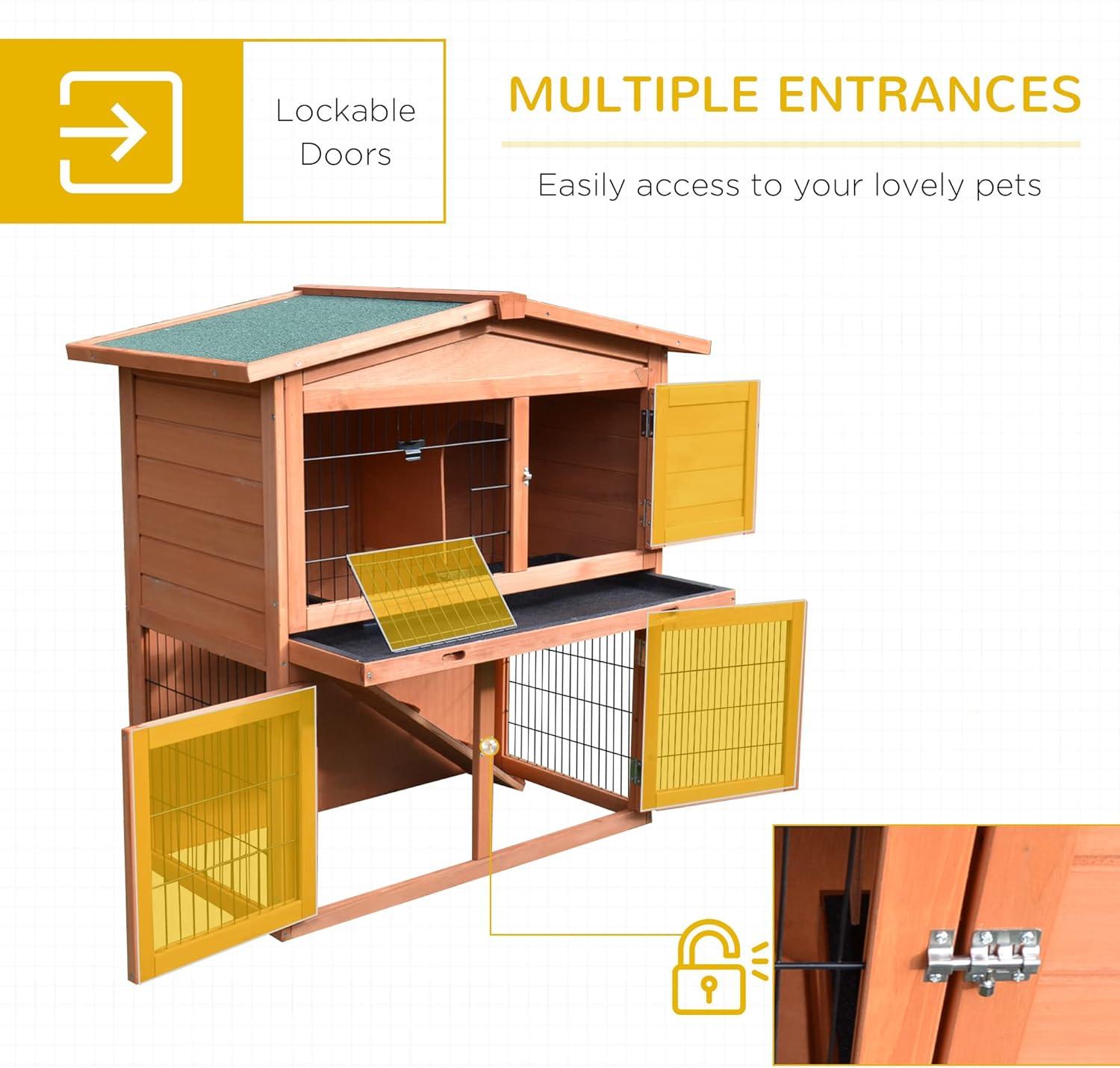 Pawhut 40" Wooden Rabbit Hutch Bunny Cage Small Animal House with No Leak Tray, Ramp, Weatherproof Roof for Outdoor