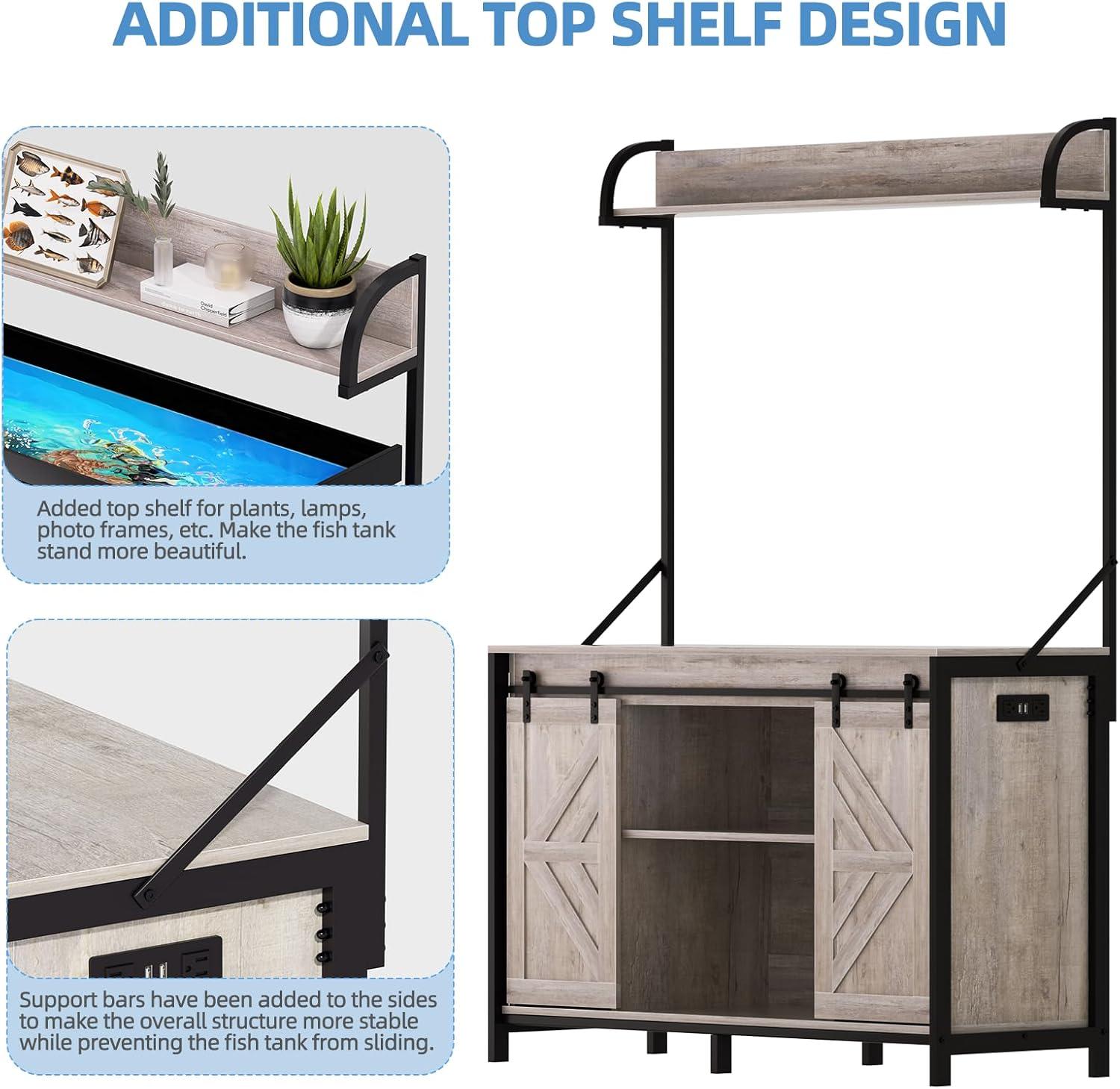 iSunirm 55-75 Gallon Aquarium Stand with Shelf, Fish Tank Stand with Power Outlets and LED Lights, Heavy Duty Reversible Aquarium Stand with Cabinet, for Fishes and Reptiles, 49.2"L*18.9"W, Black Oak