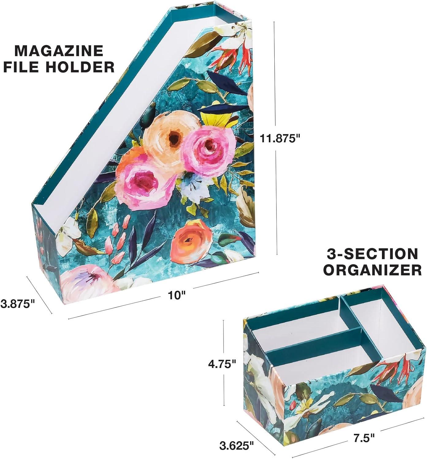 Global Printed Products Designer Printed Desk Organizer Set, Includes Letter Tray, Folder Stand, 3-Section Organizer, Pen Holder - Floral