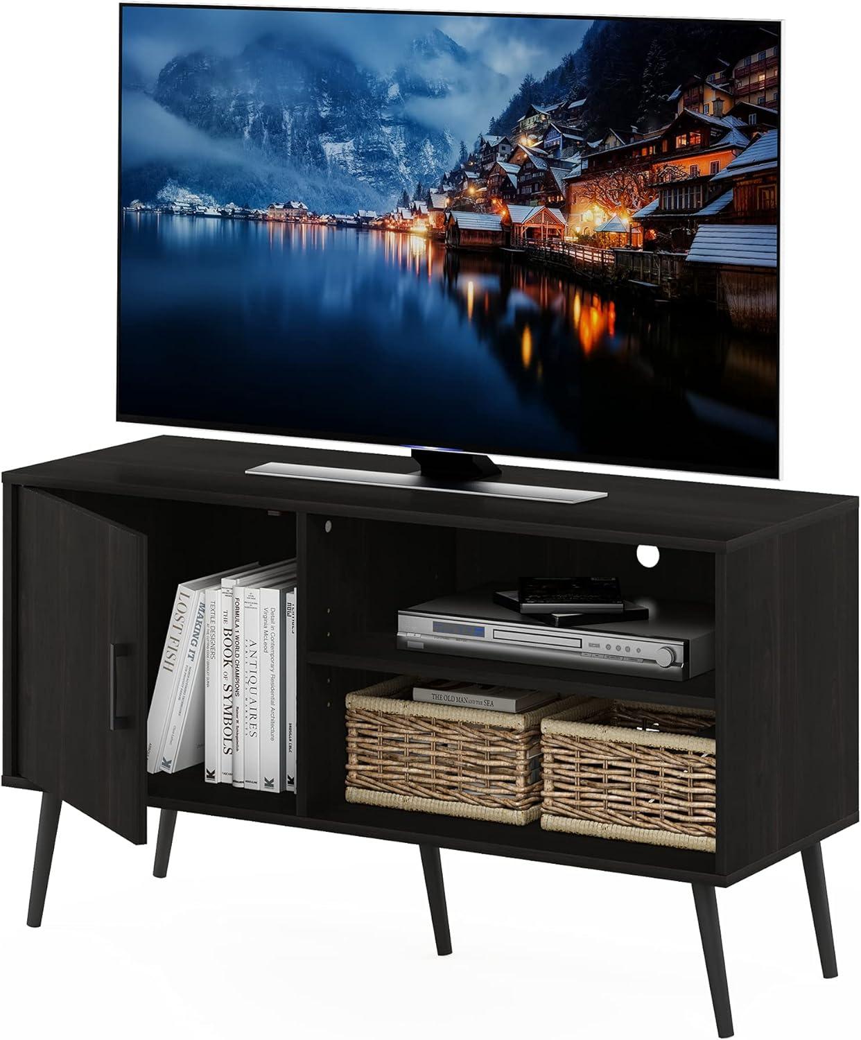 Furinno Claude Mid Century Style TV Stand with Wood Legs, One Cabinet Two Shelves, Espresso