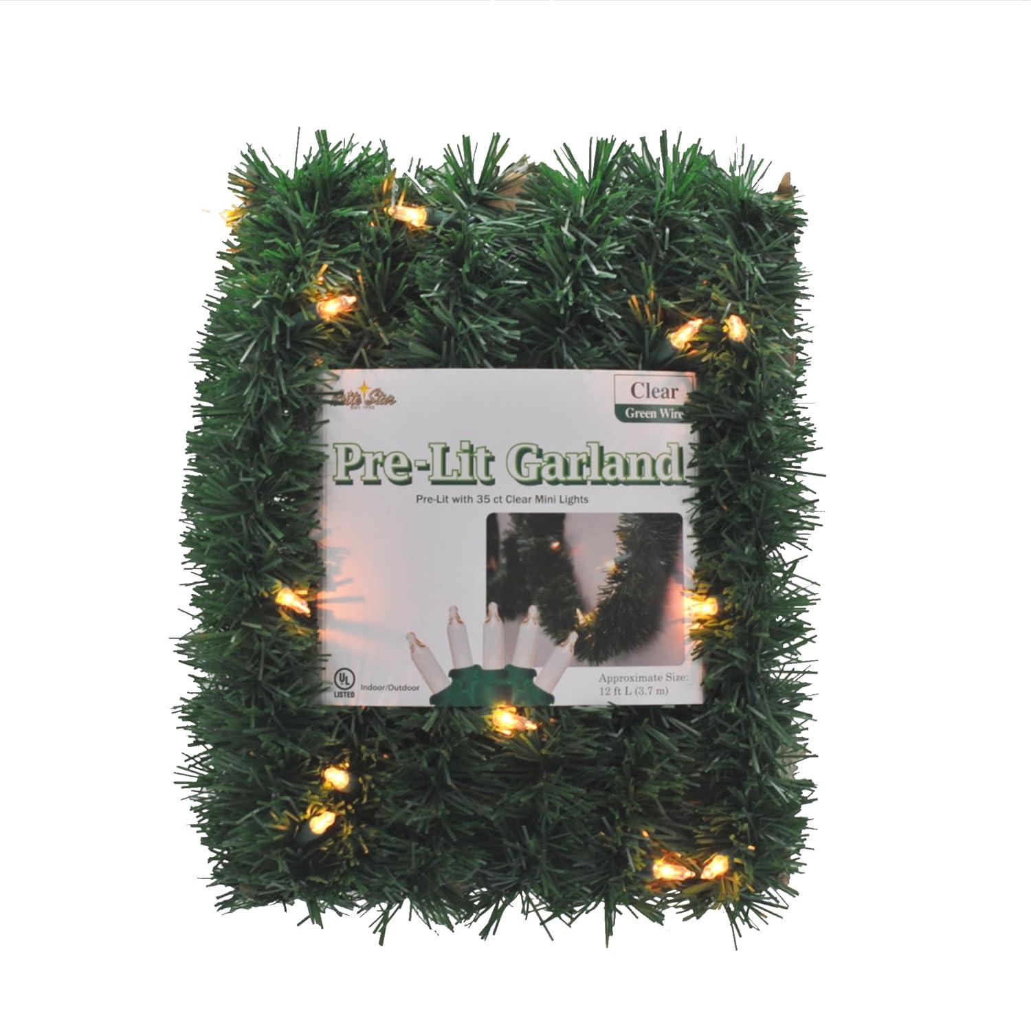 Brite Star 12-Foot Christmas Garland with Clear Lights - Perfect for Indoor or Outdoor Fireplace Mantle Decor, Kitchen Light, or Christmas Decorations Tree - Pre-lit Pine Garland For Holiday