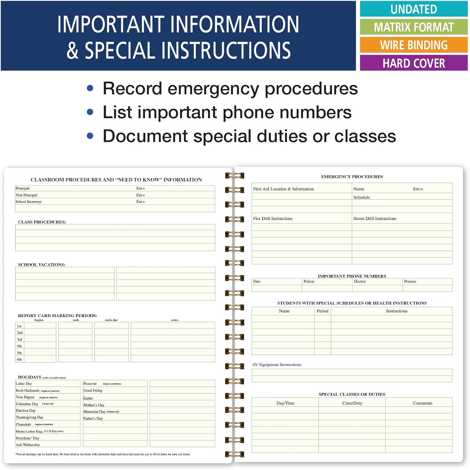 Elan Publishing Company Hardcover Combination Plan and Record Book - 8 Period Teacher Lesson Planner (PR8 + R1035) (Teal Floral)