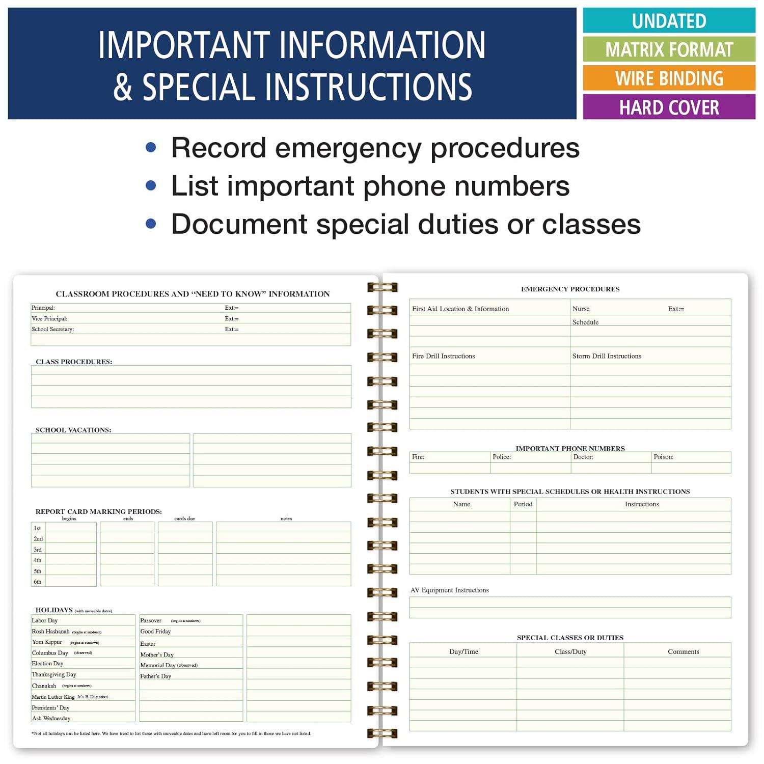 Elan Publishing Company Hardcover Combination Plan and Record Book - 8 Period Teacher Lesson Planner (PR8 + R1035) (Teal Floral)