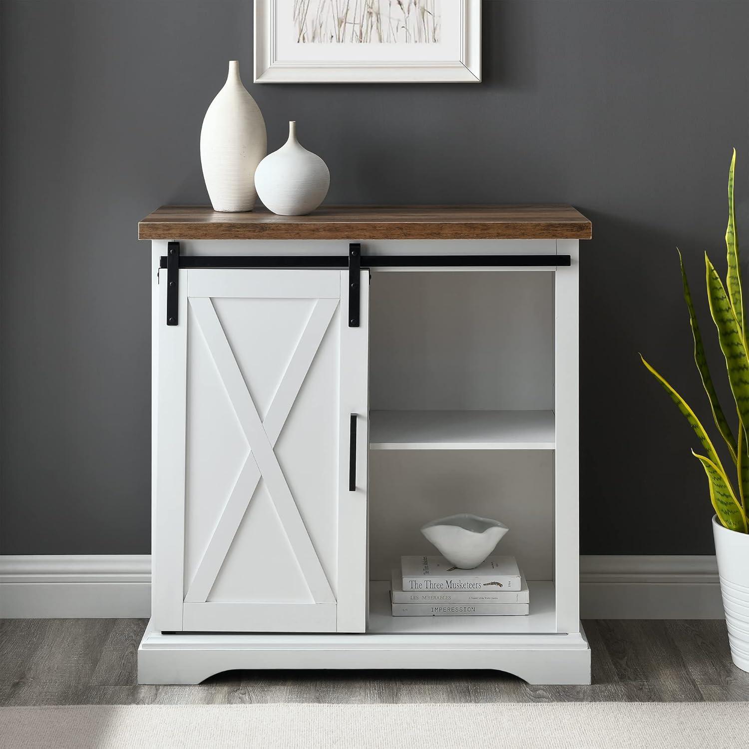 Walker Edison Sliding Barn Door Accent Cabinet, Solid White / Rustic Oak