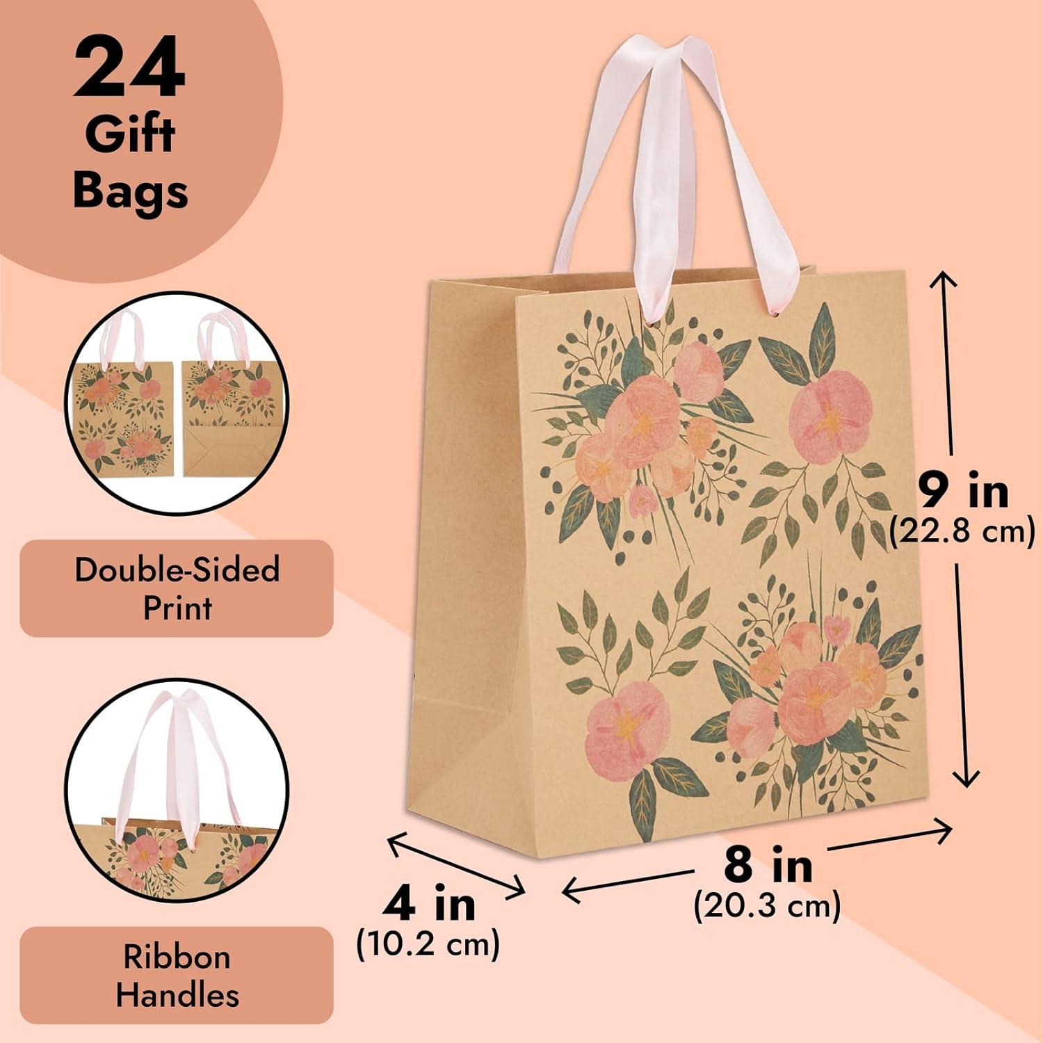 Juvale 24 Pack Kraft Paper Floral Gift Bags with Pink Ribbon Handles, 8x4x9 Inches, 2 Designs, For Themed Party Favors